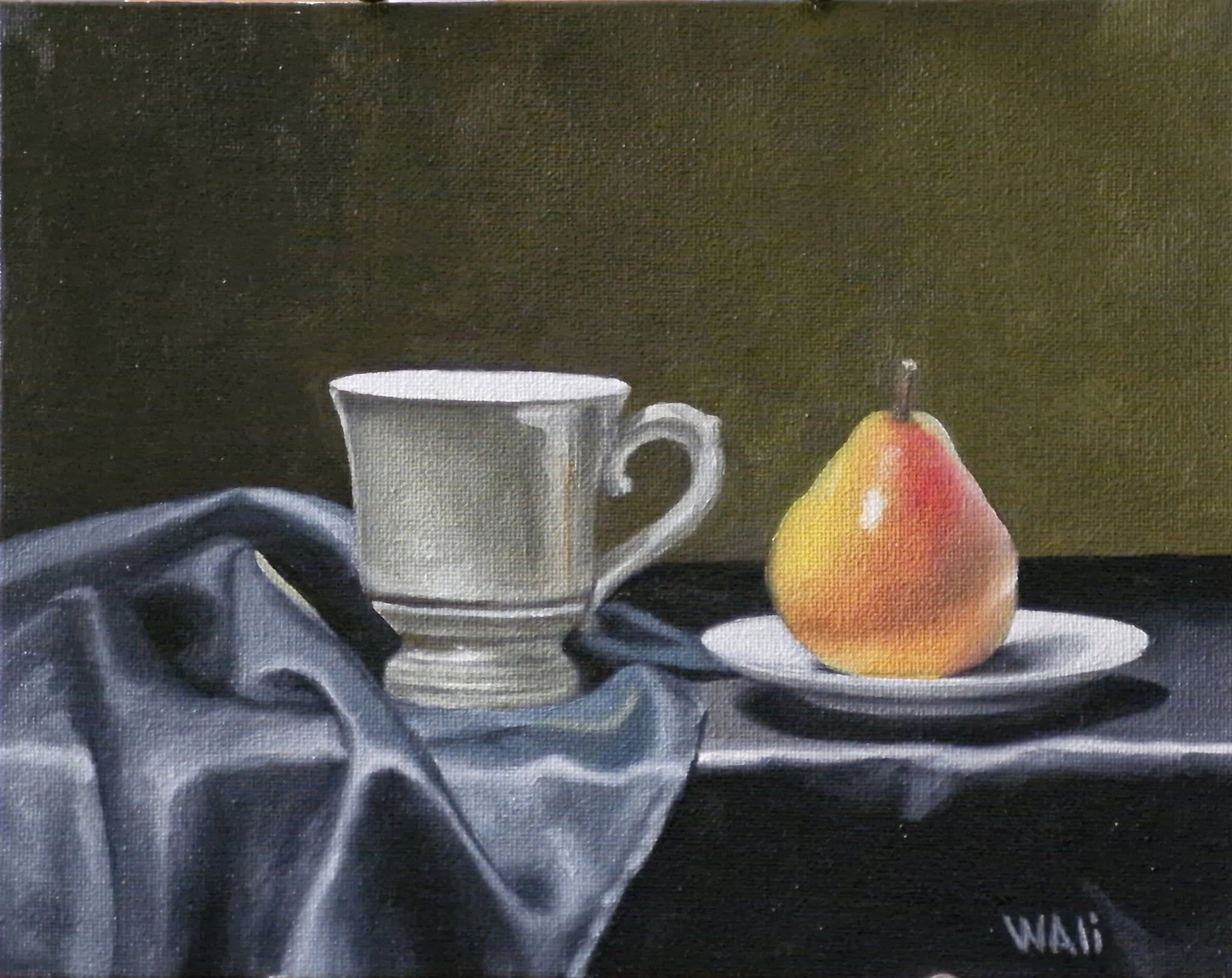 Still Life Painting with Cup and Pear