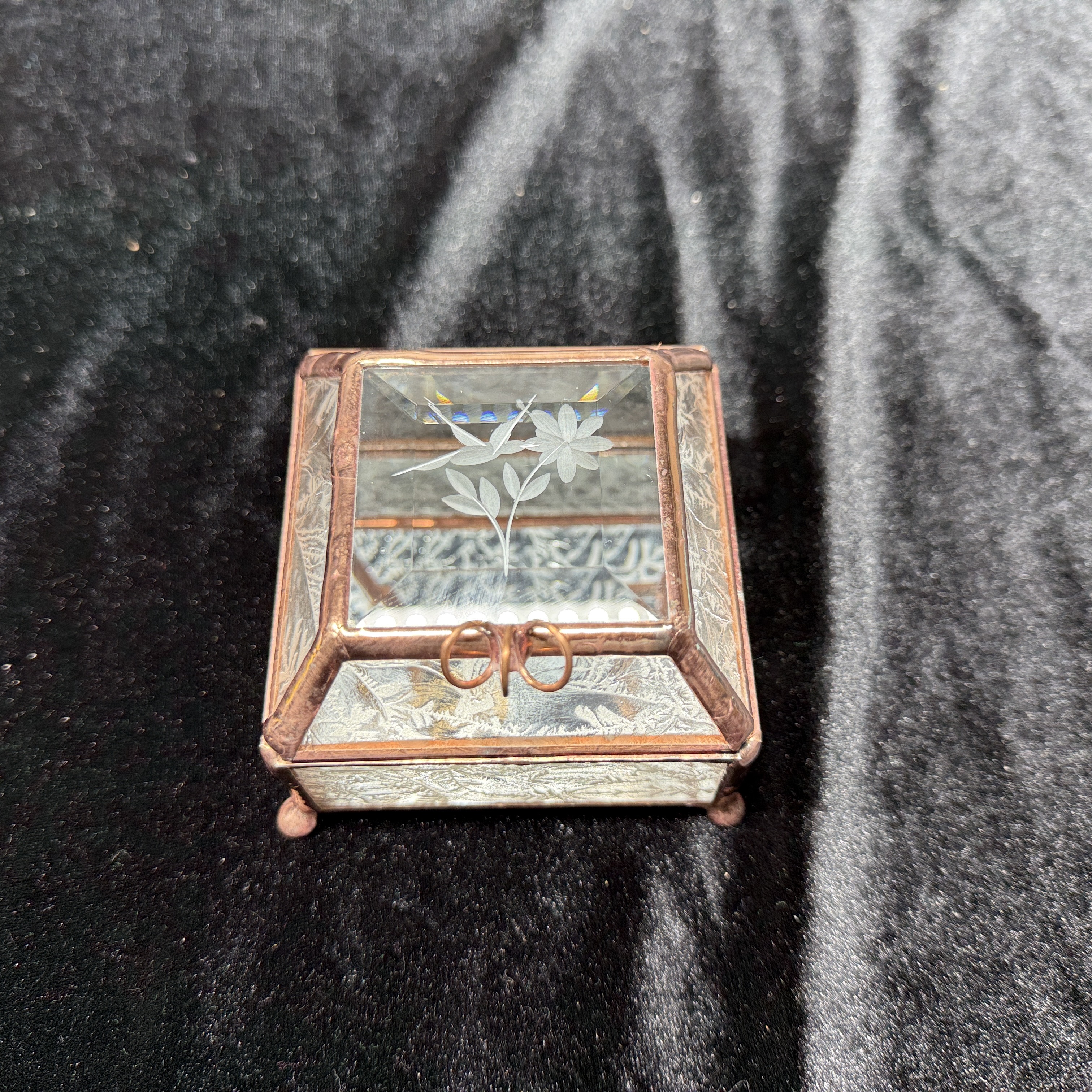 Stained Glass Jewelry Box. 2x2 bevel with wheel engraved Hummingbird. Approximately 3"x3"