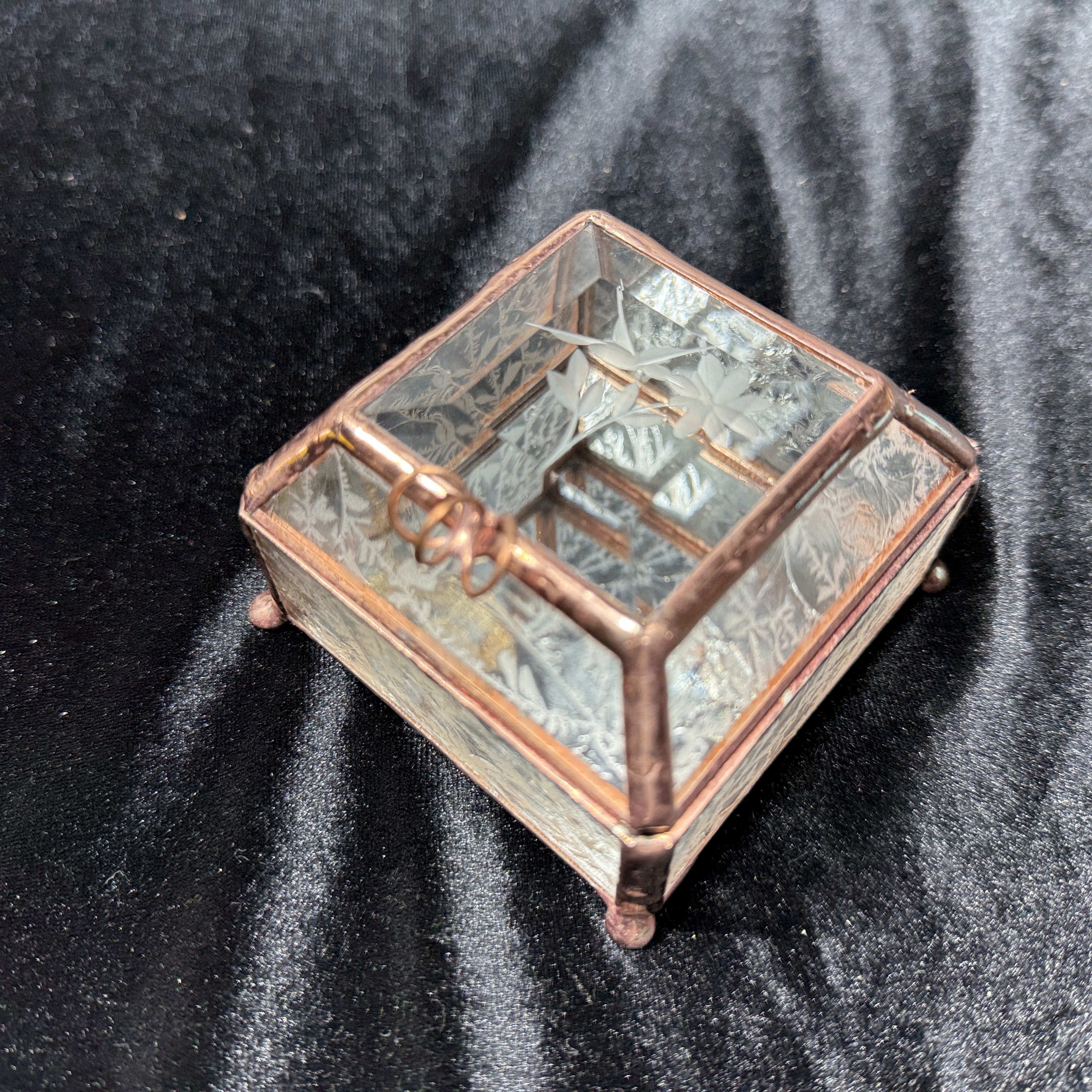 Stained Glass Jewelry Box. 2x2 bevel with wheel engraved Hummingbird. Approximately 3"x3"
