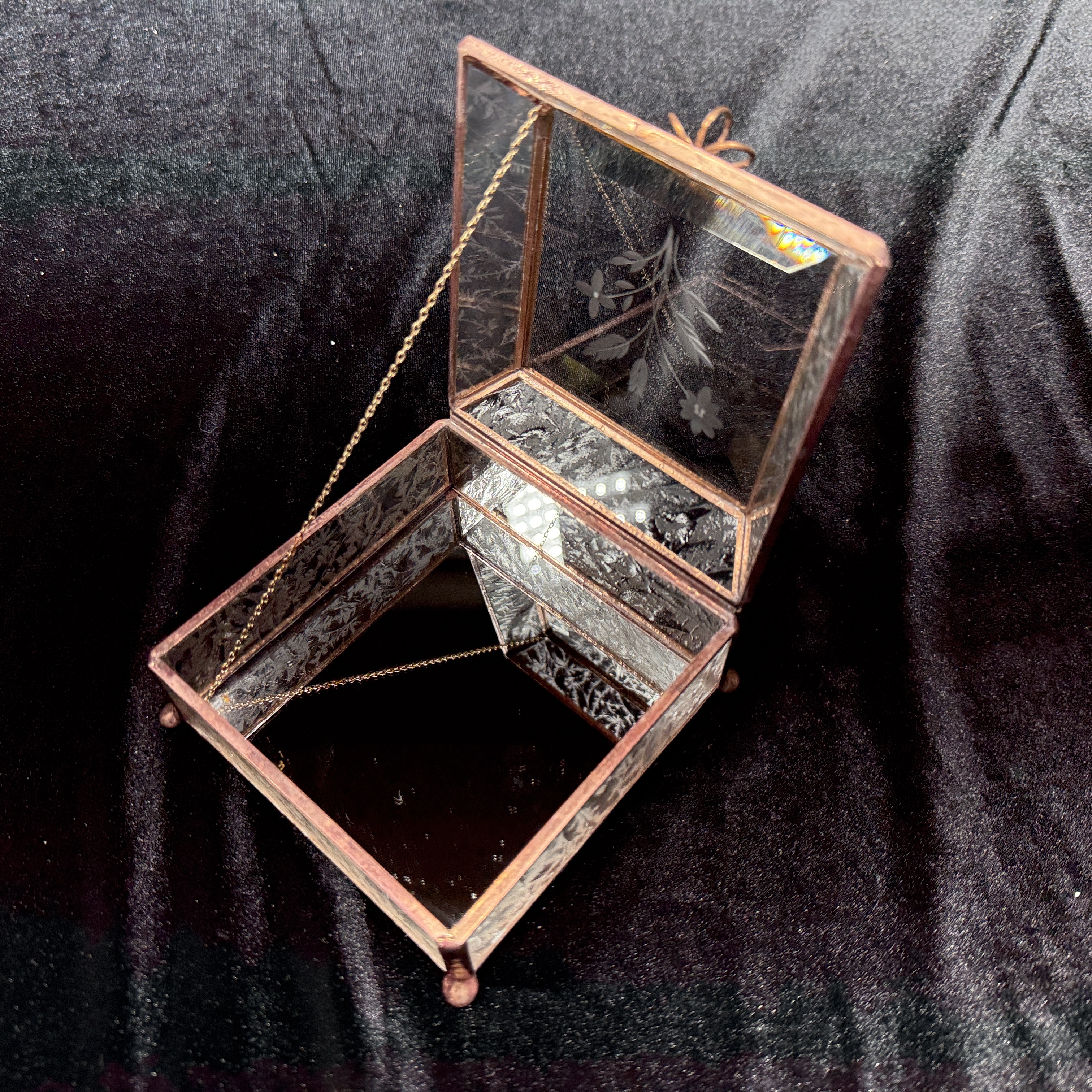 Stained Glass Jewelry Box. 3x3 bevel with wheel engraved floral. Approximately 4"x4"