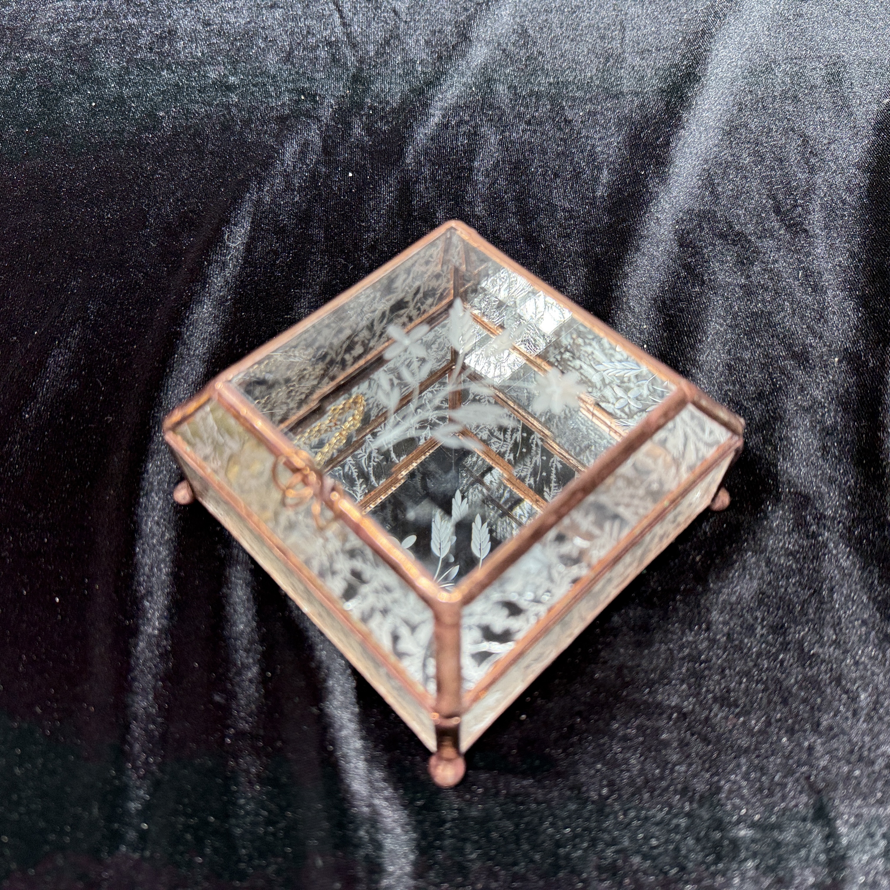 Stained Glass Jewelry Box. 3x3 bevel with wheel engraved floral. Approximately 4"x4"