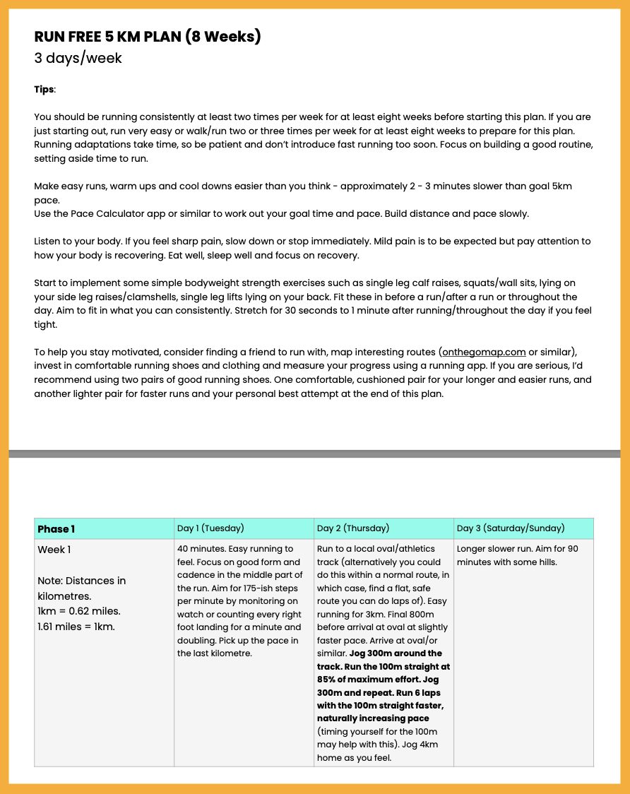 RUN FREE 5 KM PLAN (8 Weeks)