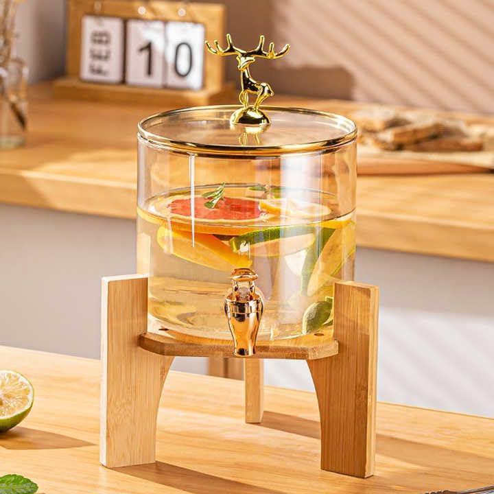 Glass Beverage Dispenser with Wooden Stand