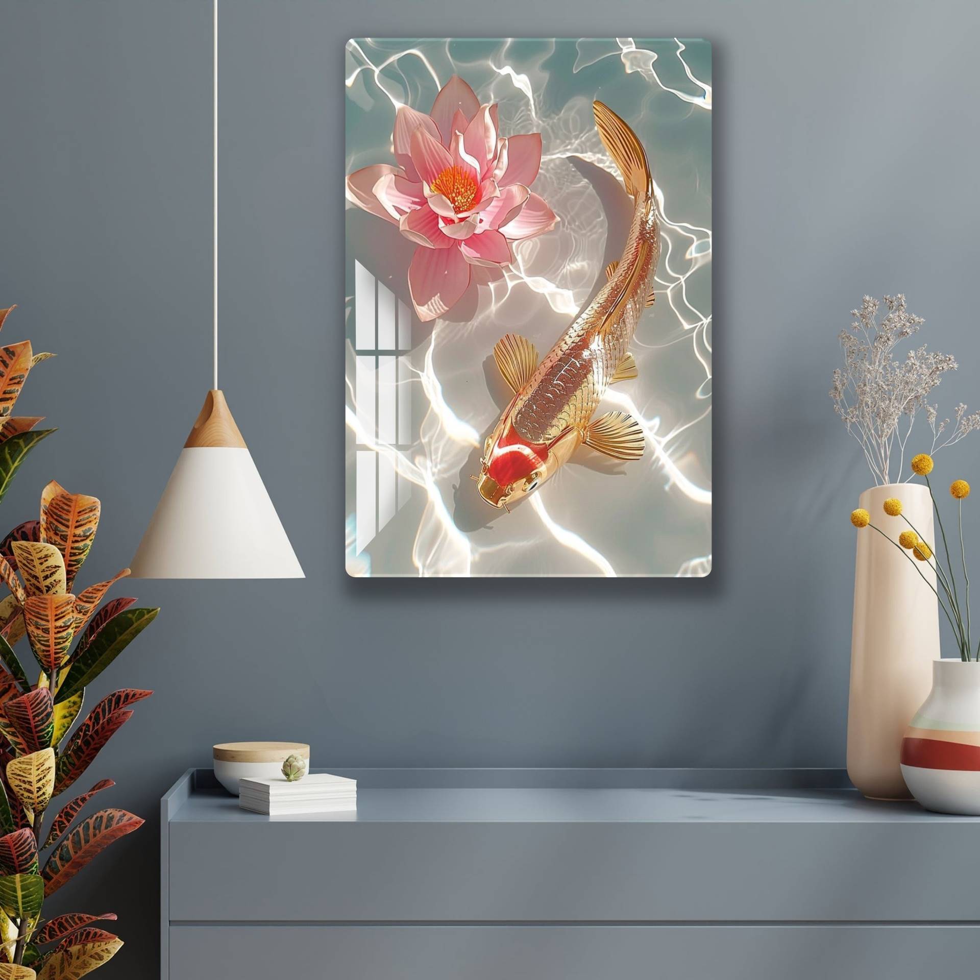 Gold Fish With Lotus Acrylic Wall Art