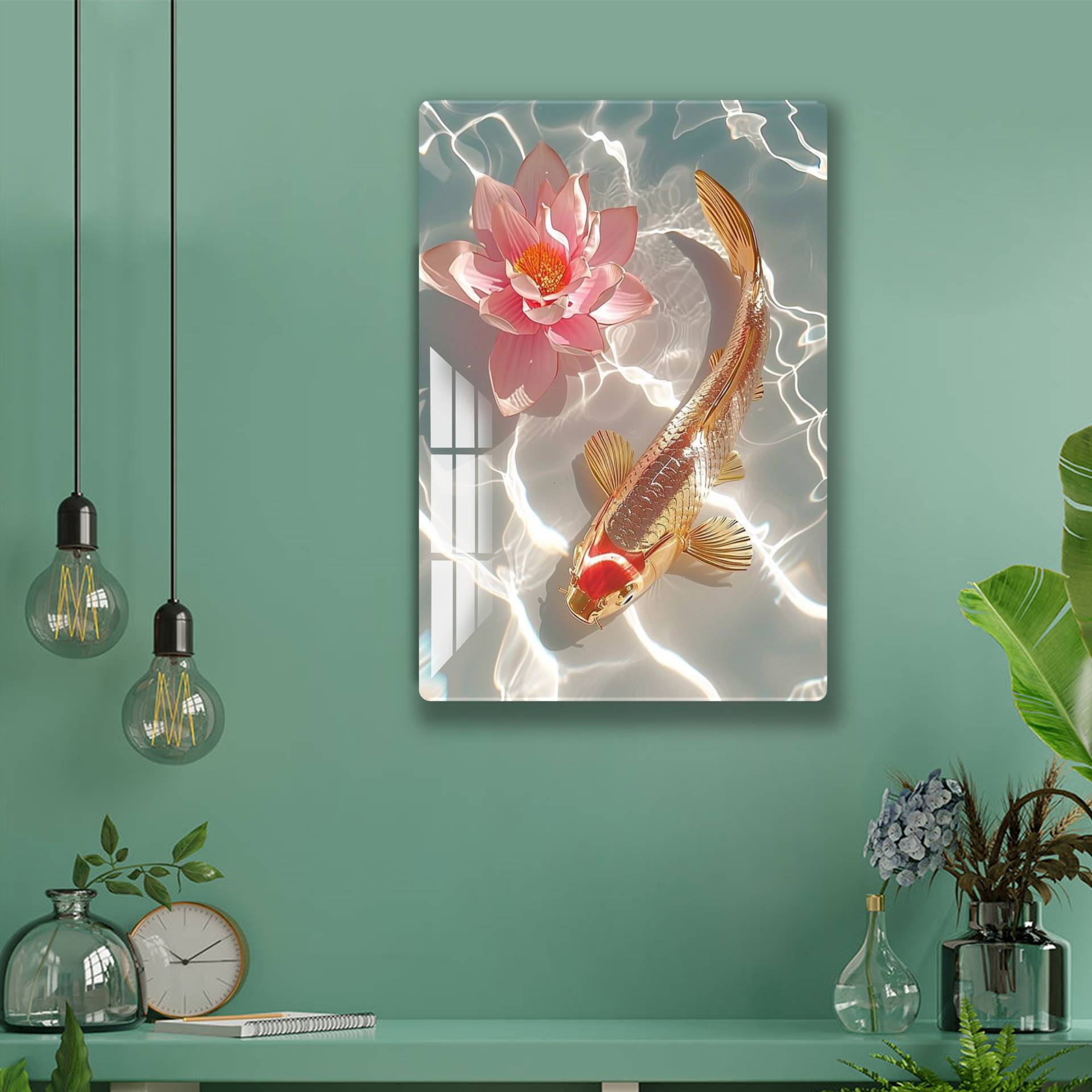 Gold Fish With Lotus Acrylic Wall Art