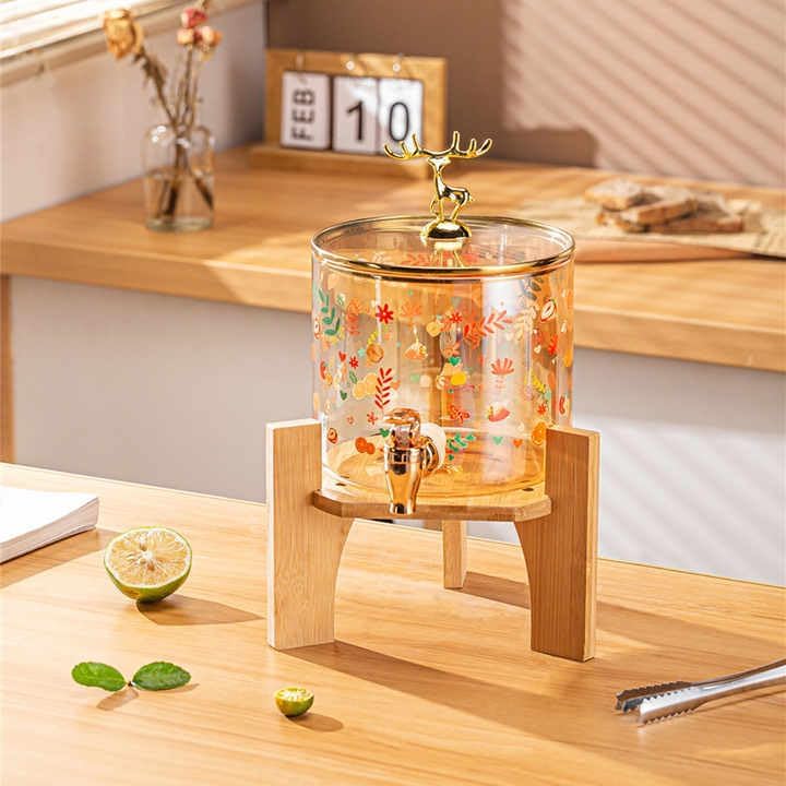 Glass Beverage Dispenser with Wooden Stand