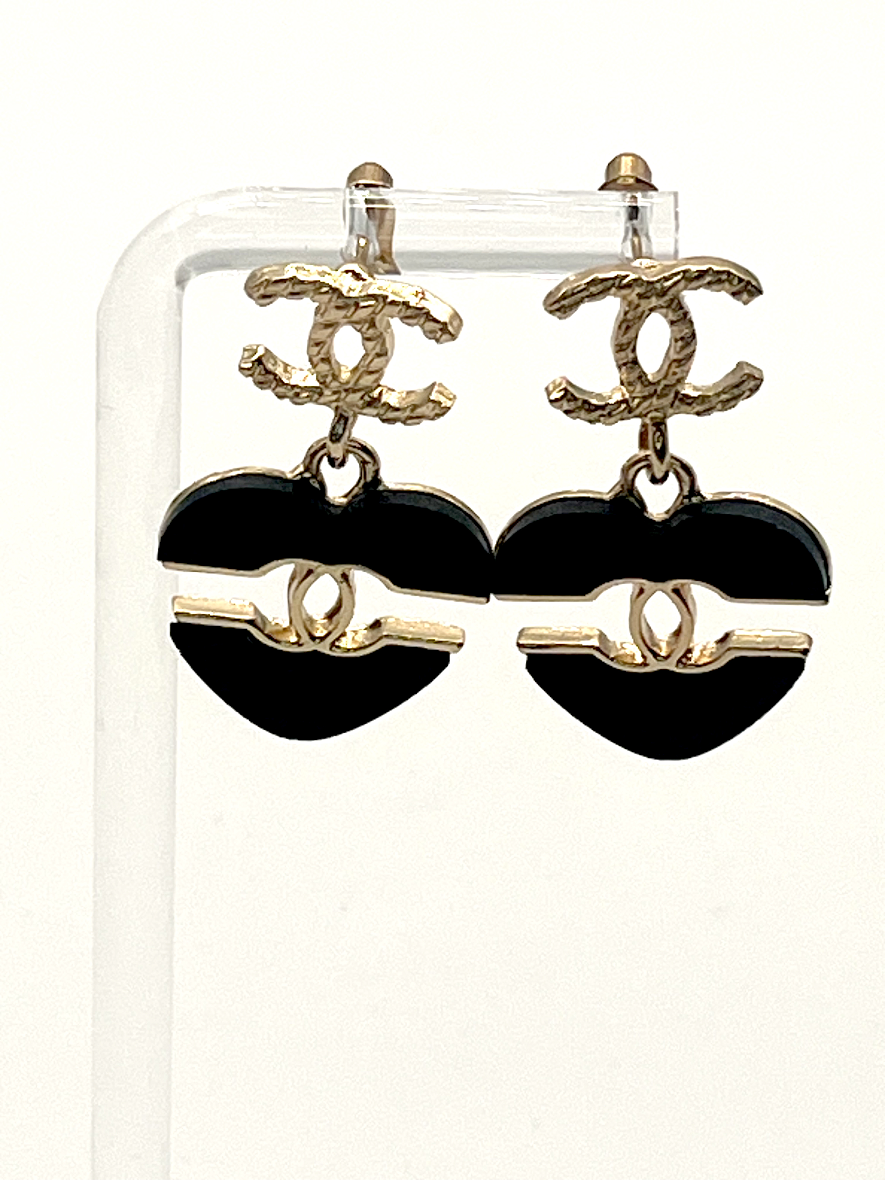Chanel Black Heart Logo Earrings