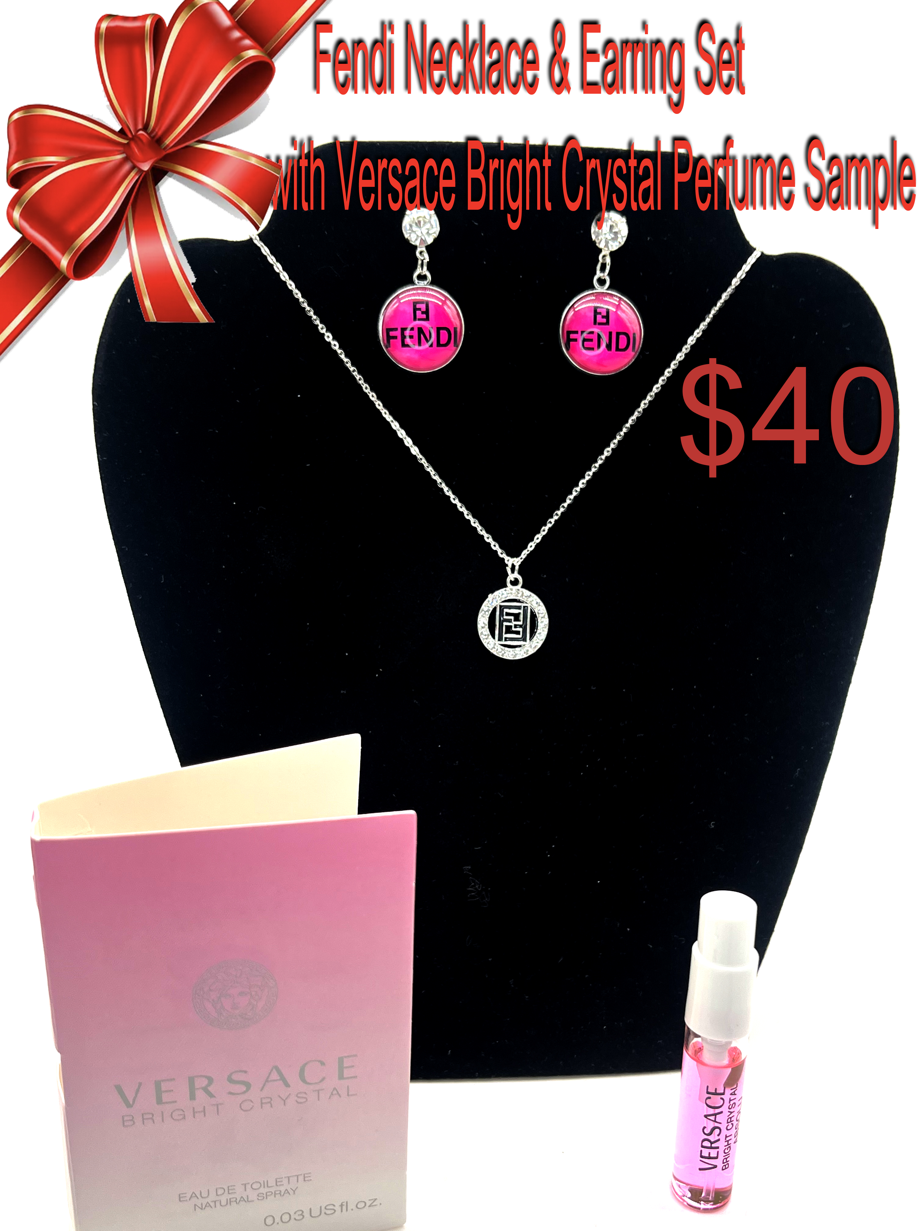 Fendi Necklace & Earring Set with Versace Bright Crystal Perfume Sample