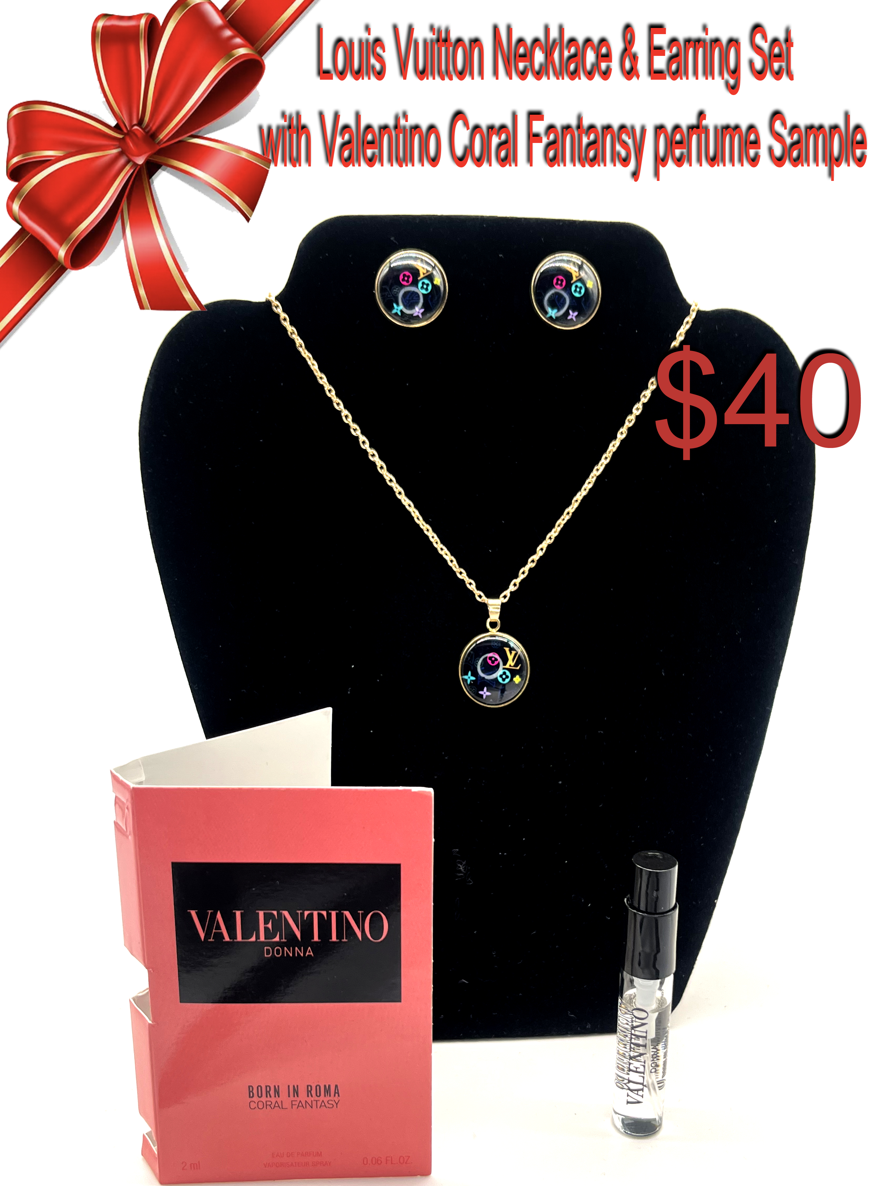 Louis Vuitton Necklace & Earring Set with Valentino Coral Fantasy Perfume Sample