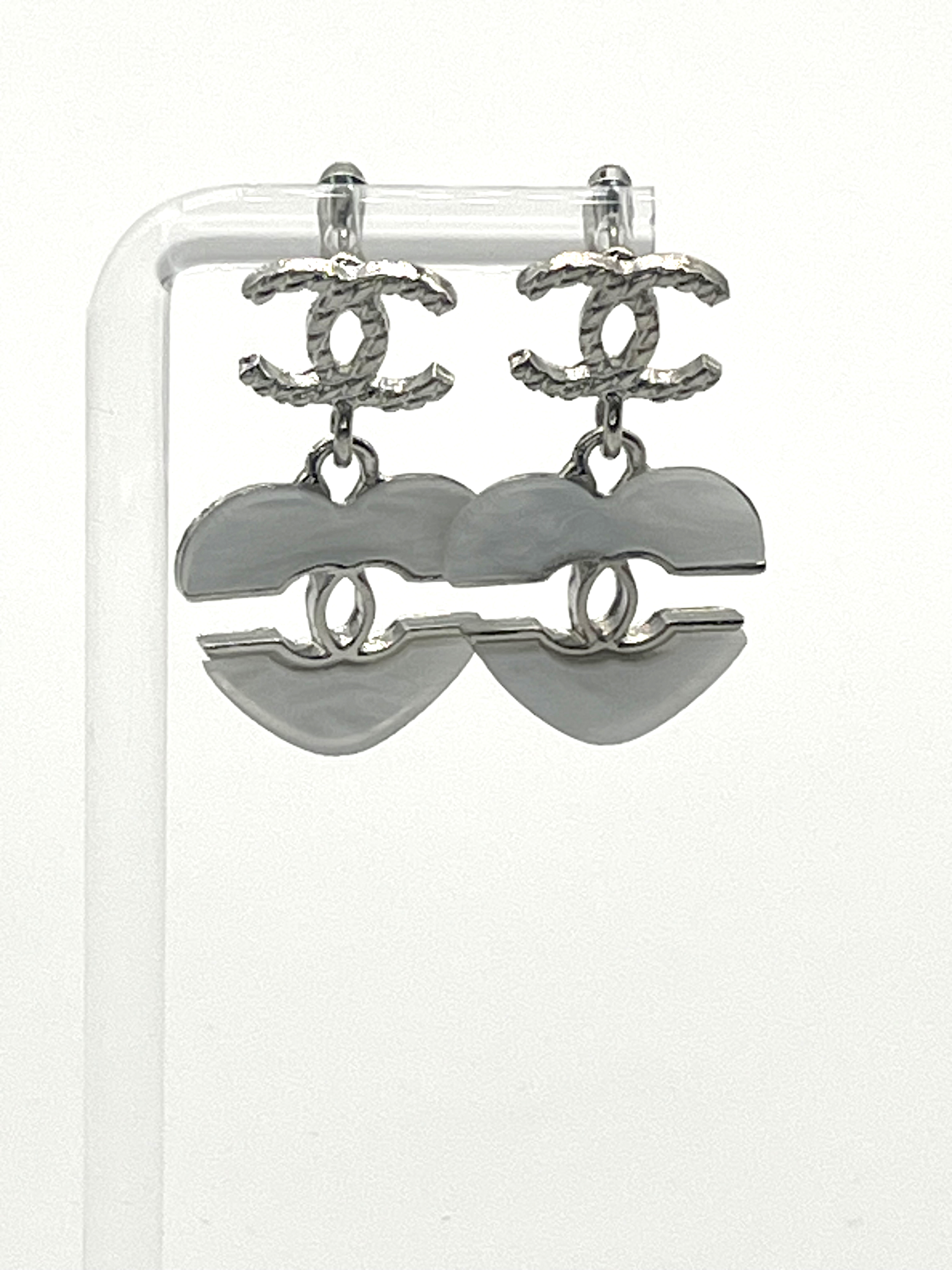 Chanel Silver Logo Heart Earrings
