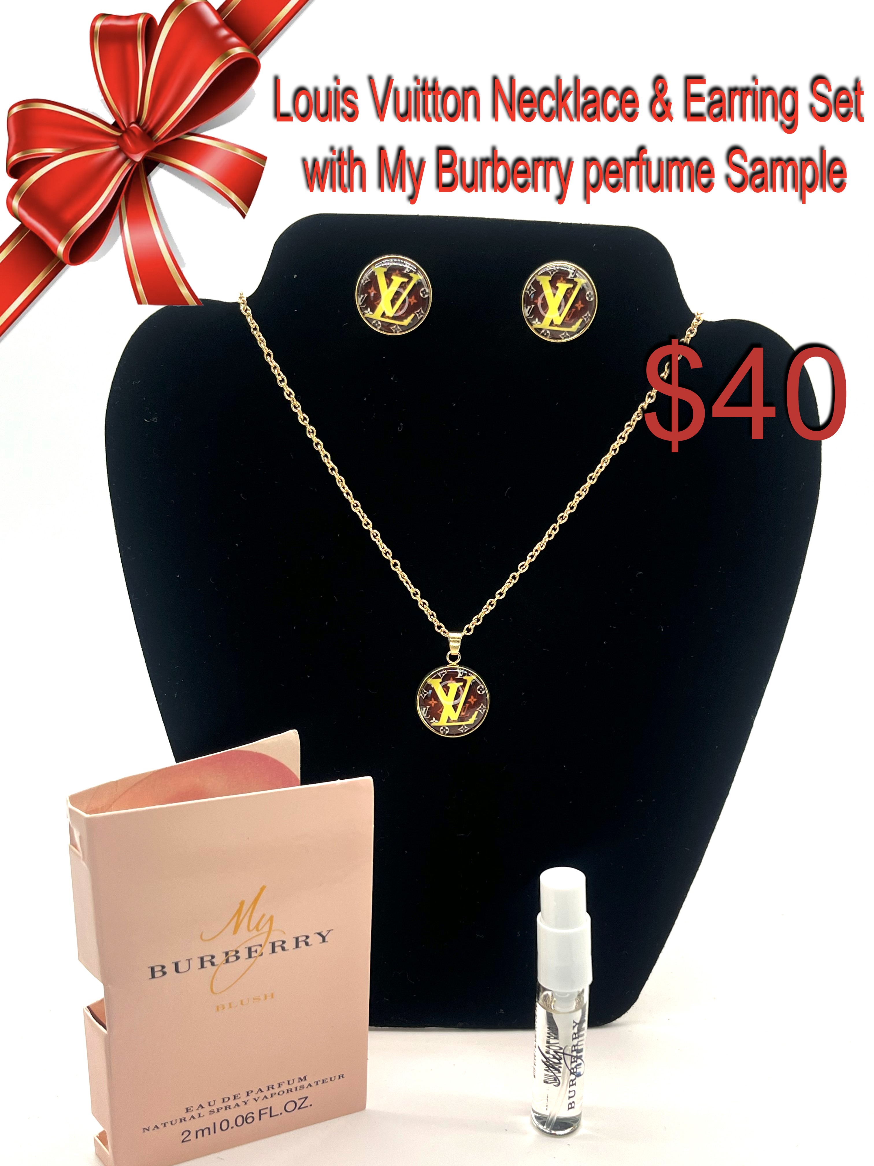 Louis Vuitton Necklace & Earring Set with My Burberry Perfume Sample