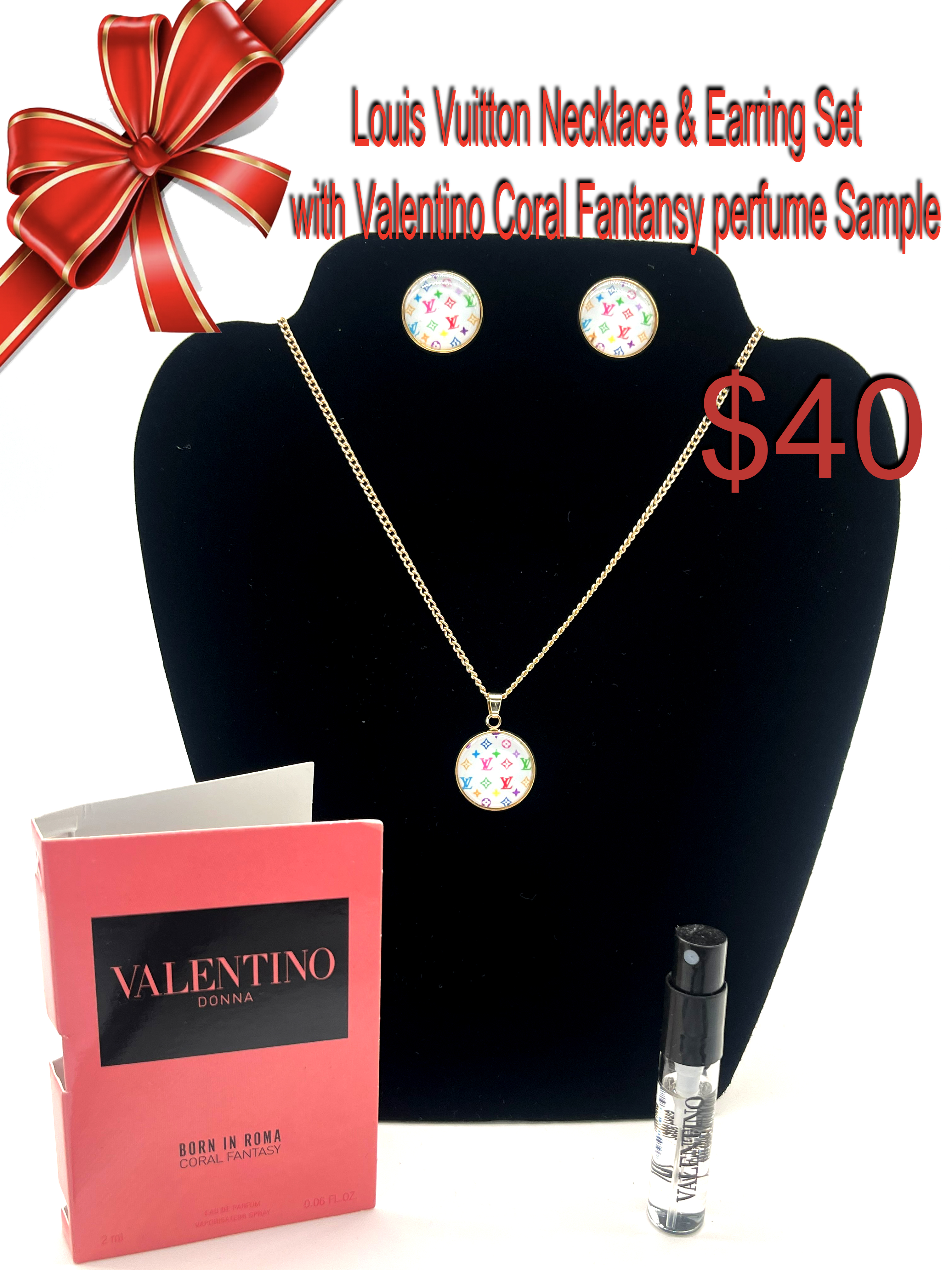Louis Vuitton Necklace & Earring Set with Valentino Coral Fantasy Perfume Sample