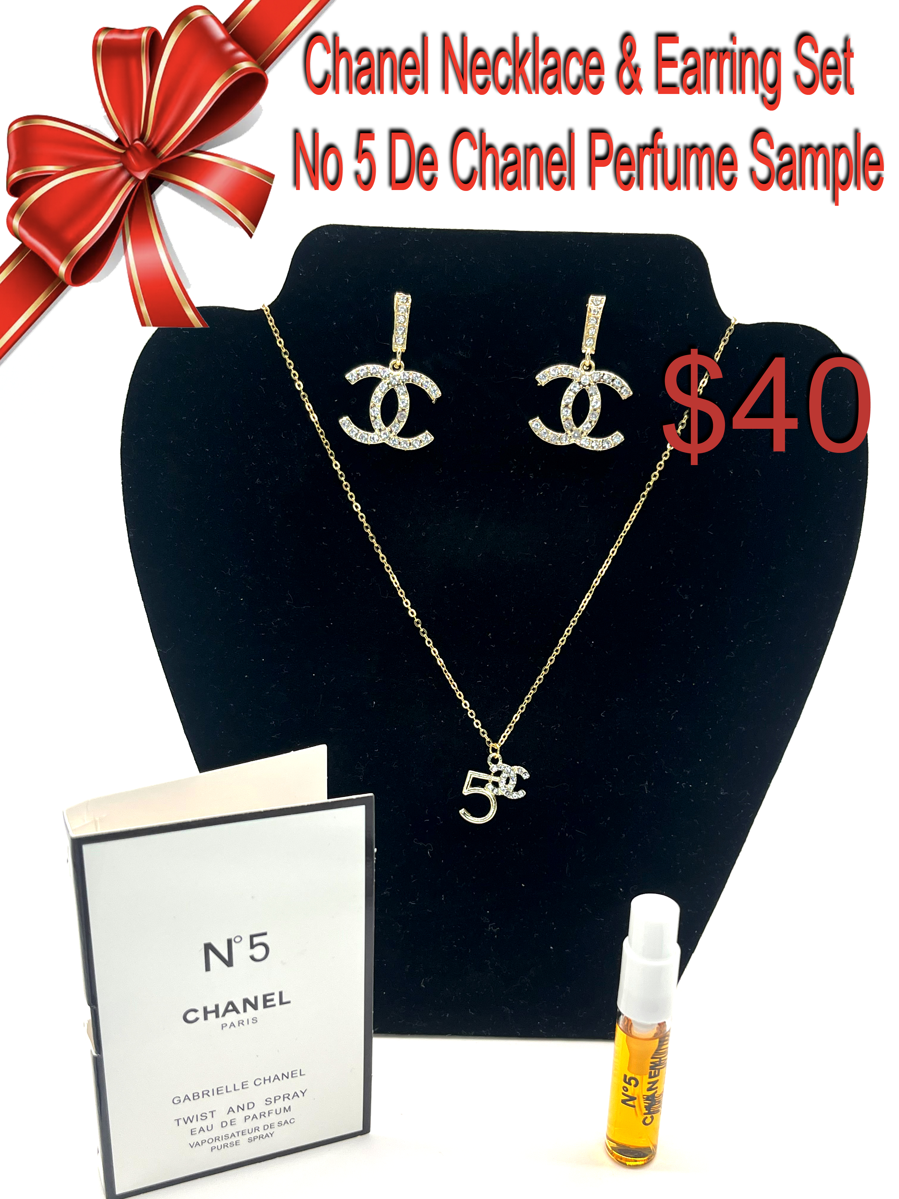 Chanel Necklace & Earring Set with No 5 Perfume Sample