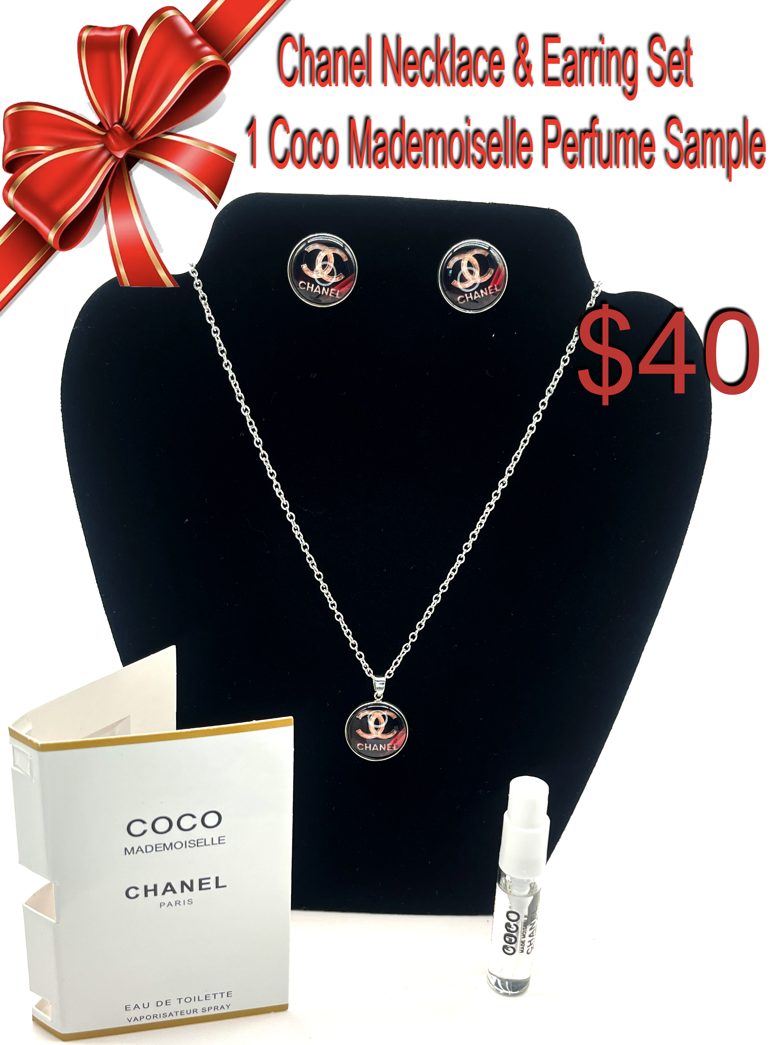 Chanel Necklace & Earring Set with Perfume Sample
