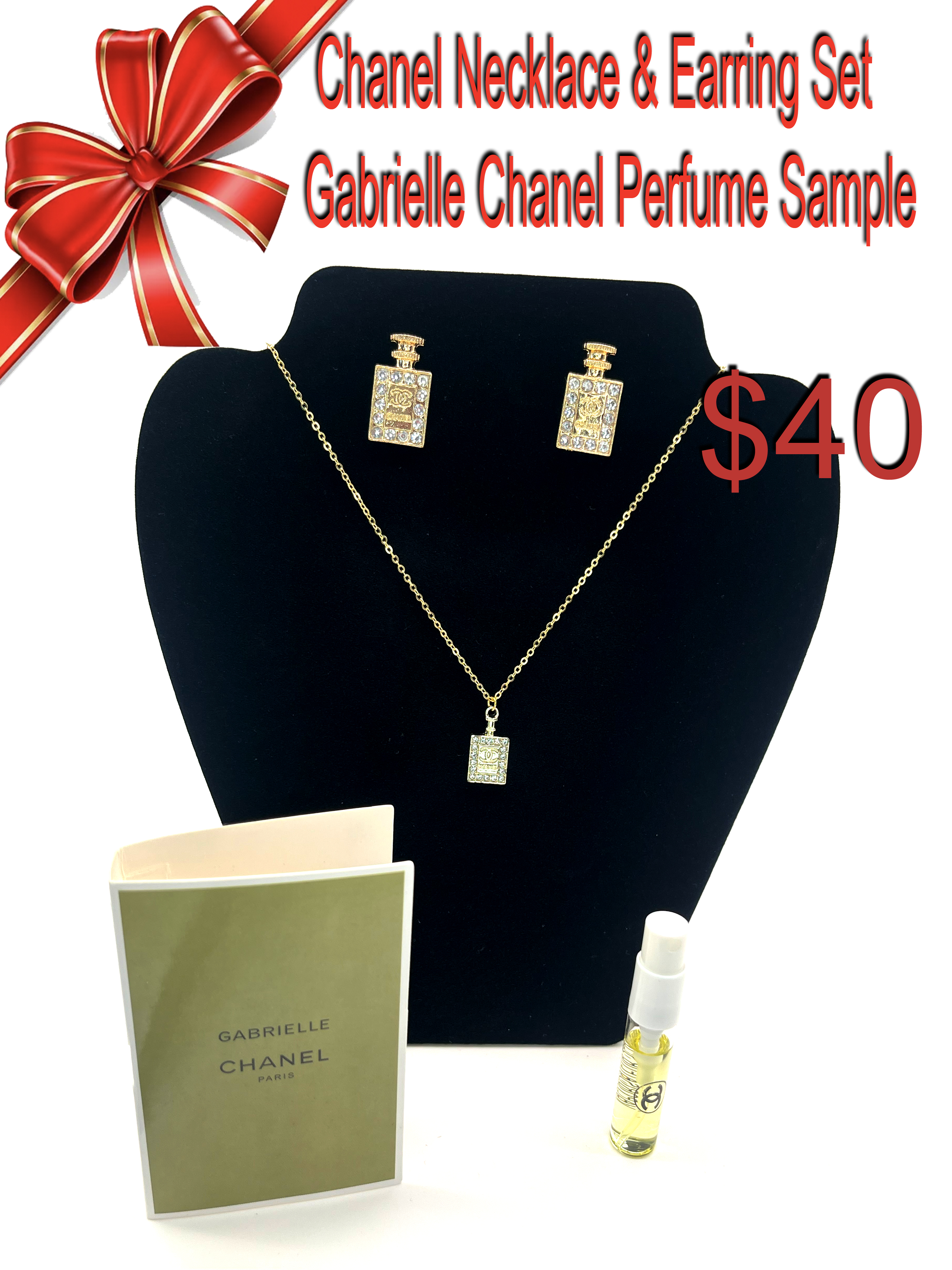 Chanel Necklace & Earring Set with Gabrielle Chanel Perfume Sample