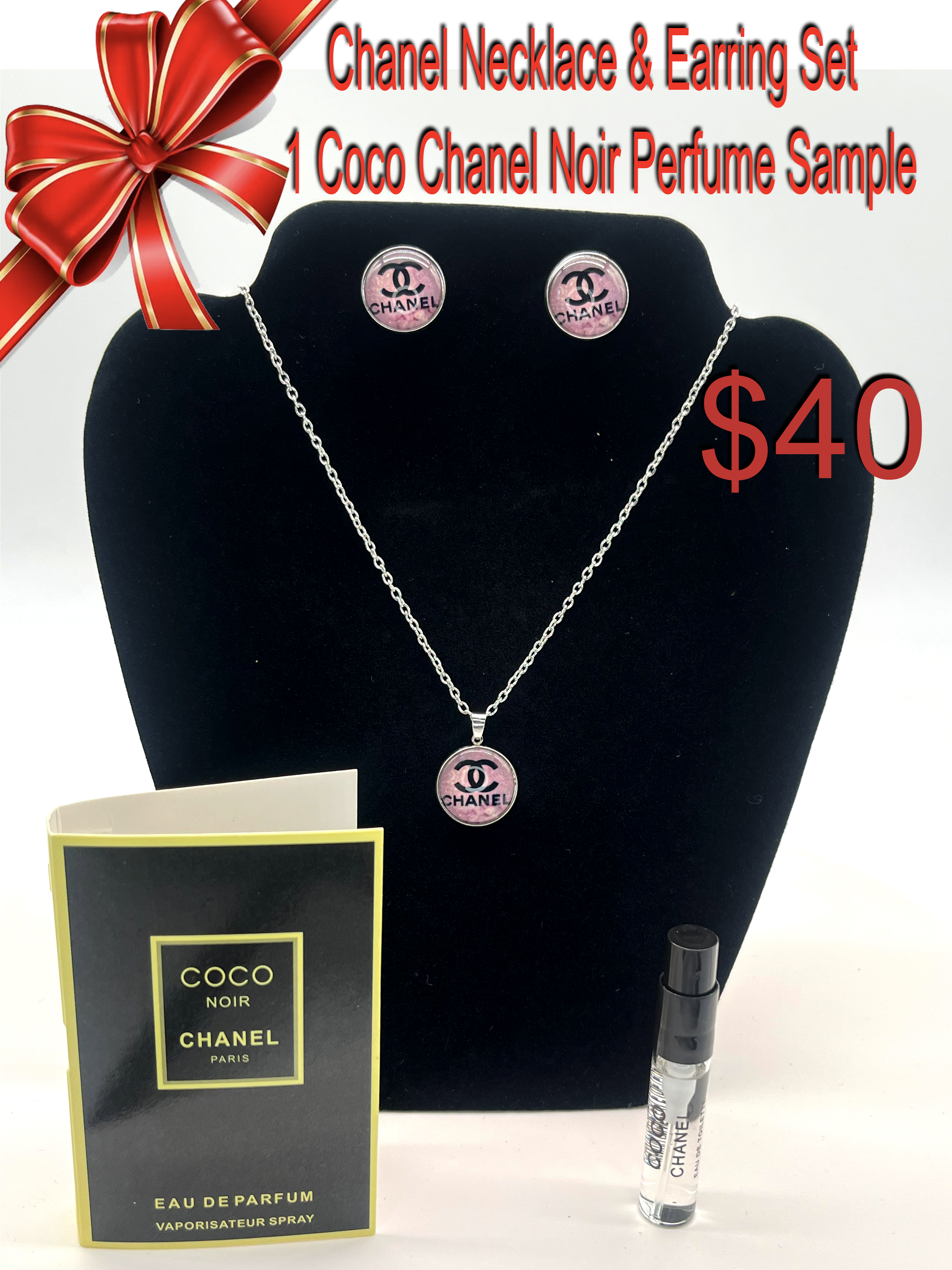 Chanel Necklace & Earring Set with Coco Chanel Noir Perfume Sample