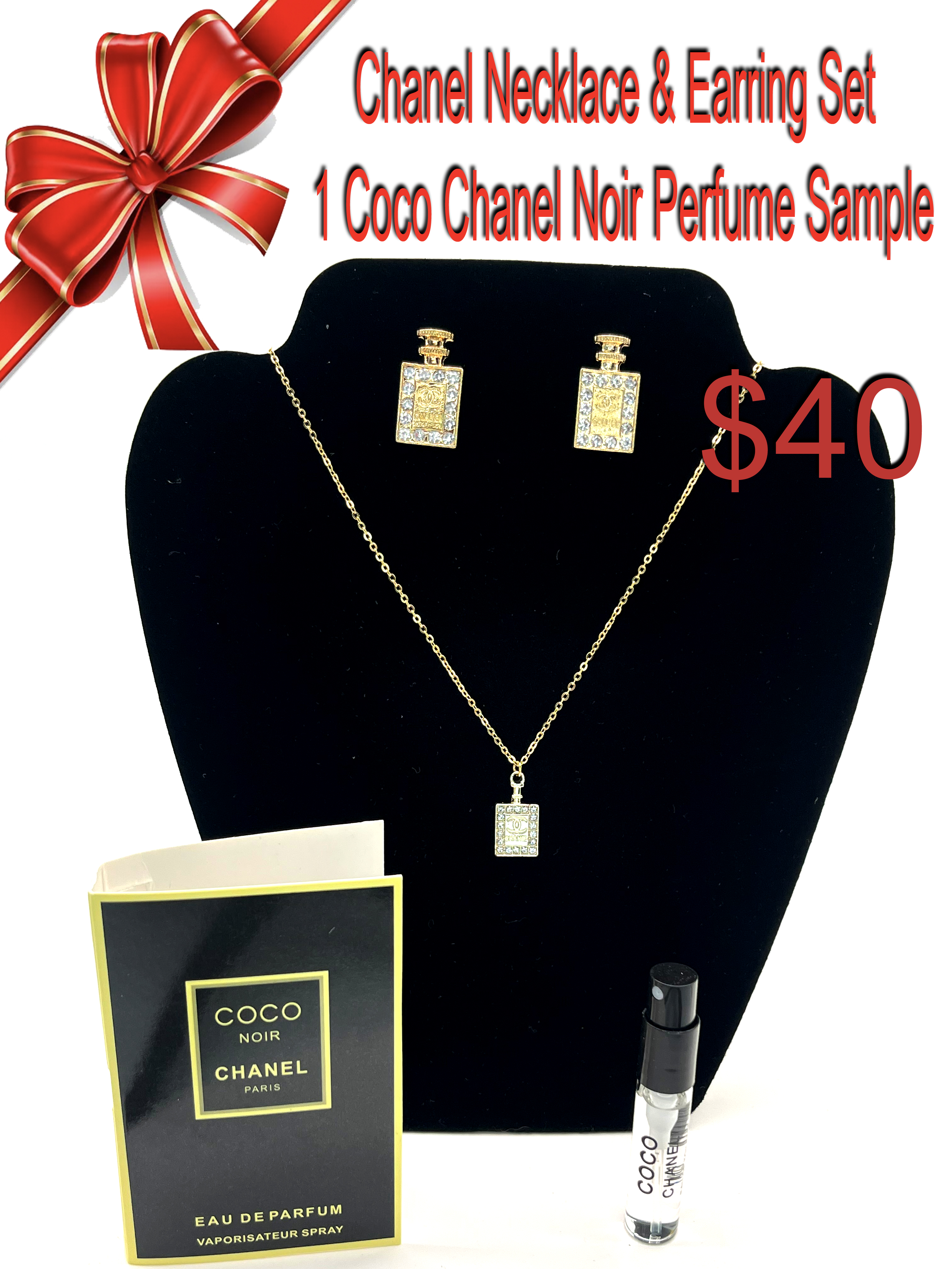 Chanel Necklace & Earring Set with Coco Chanel Noir Perfume Sample