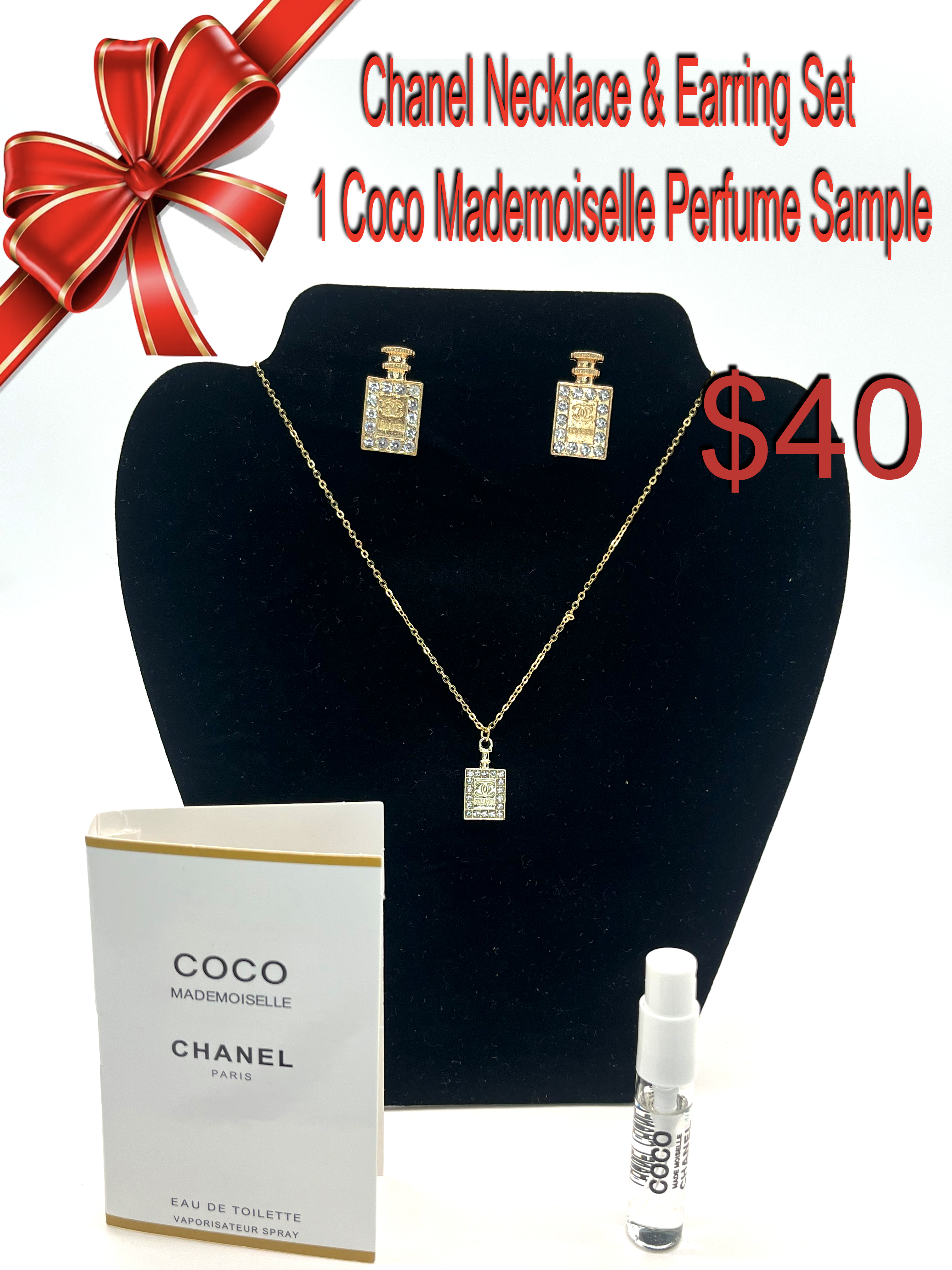Chanel Necklace & Earring Set with Coco Mademoiselle Perfume Sample