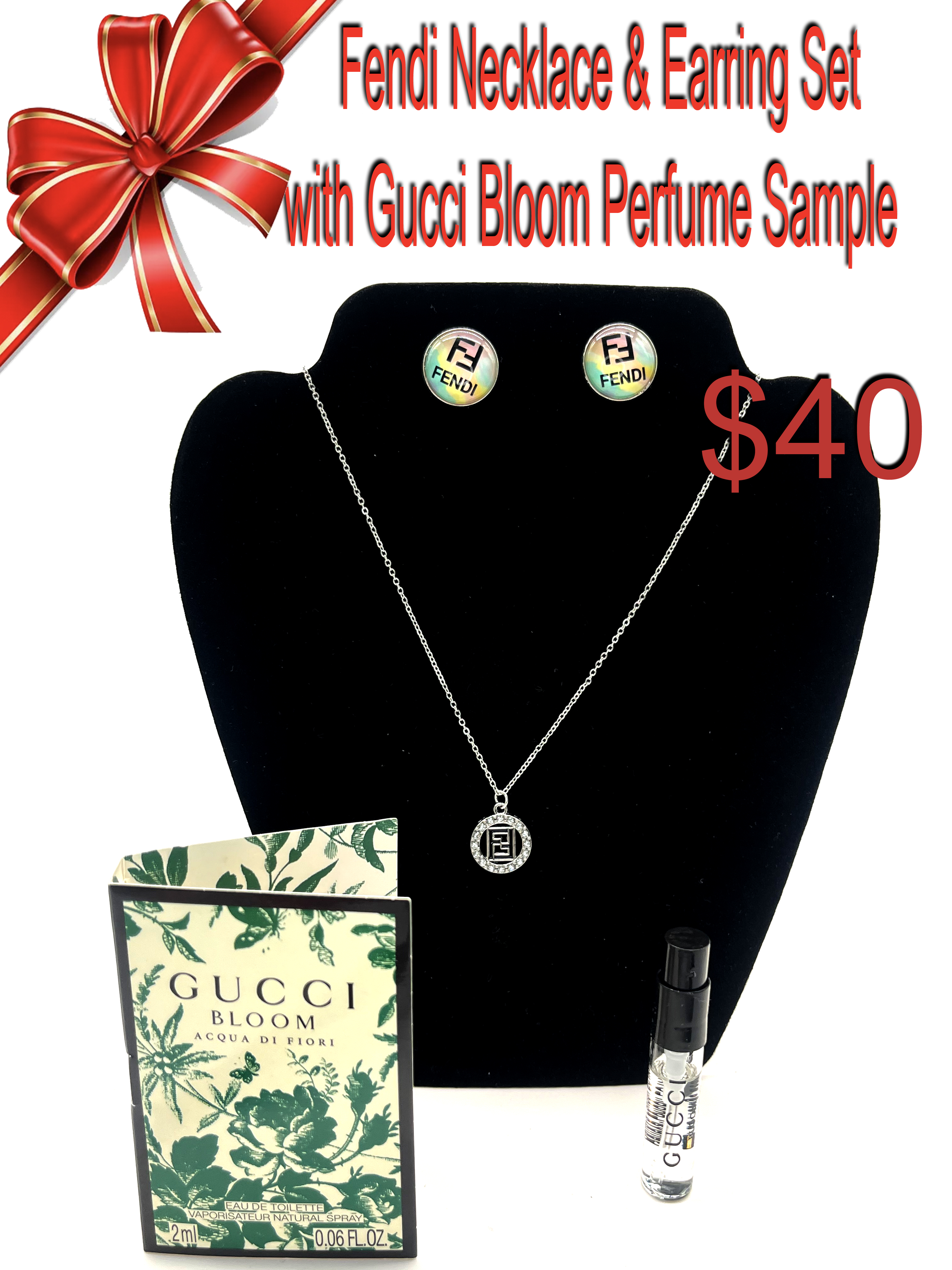 Fendi Necklace & Earring Set with Gucci Bloom Perfume Sample