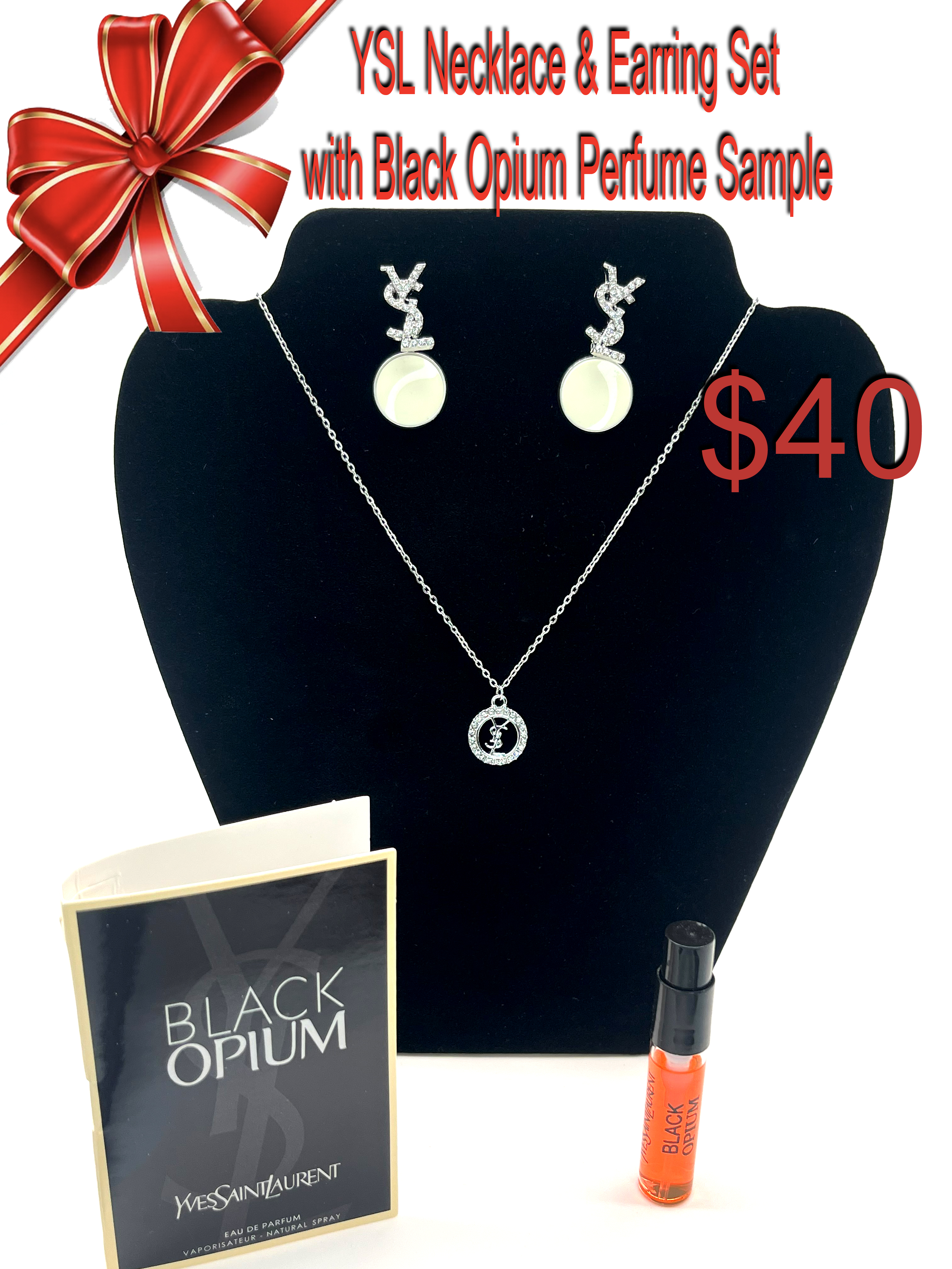 YSL Necklace & Earring Set with Black Opium Perfume Sample