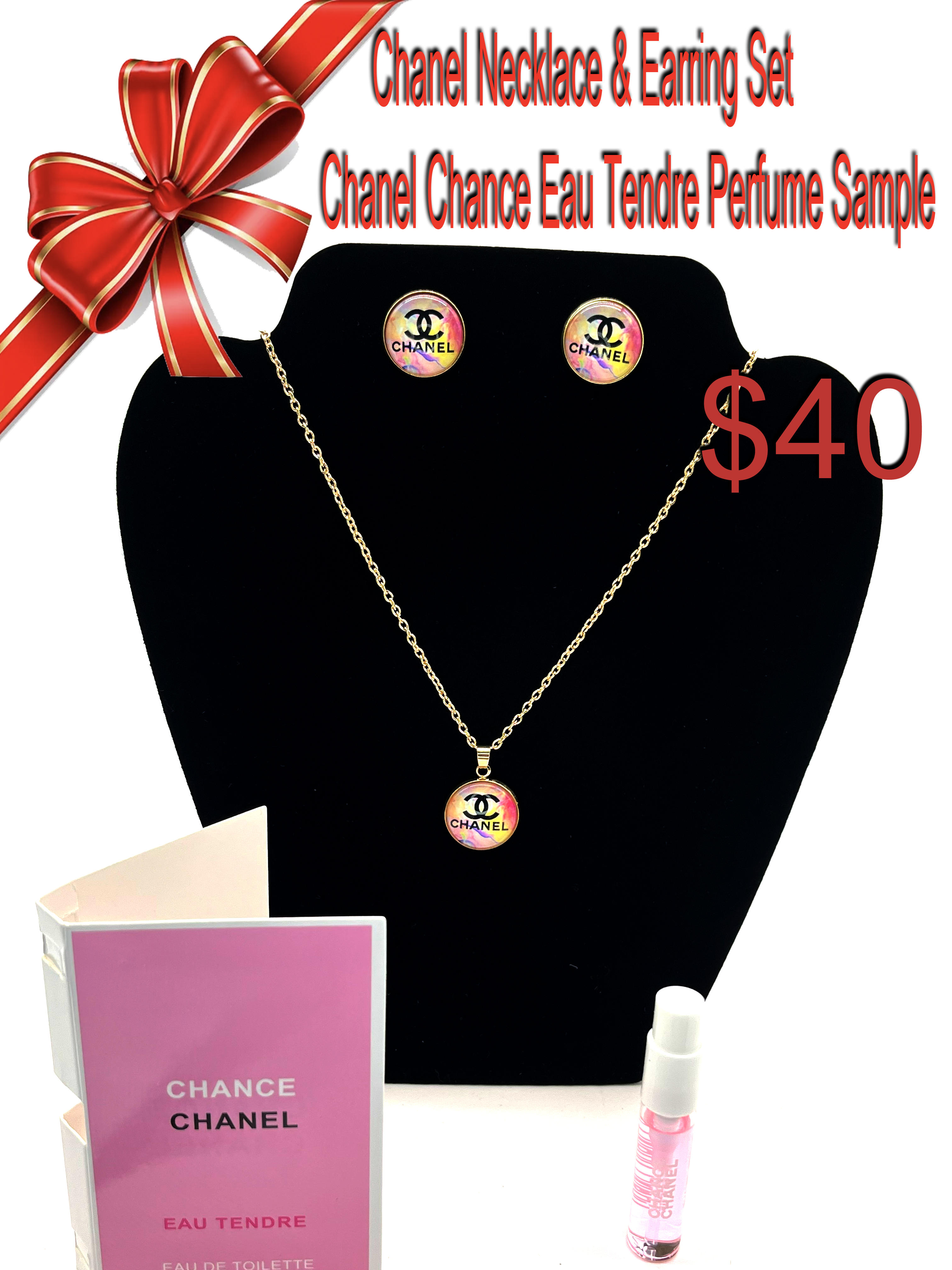 Chanel Necklace & Earring Set with Perfume Sample