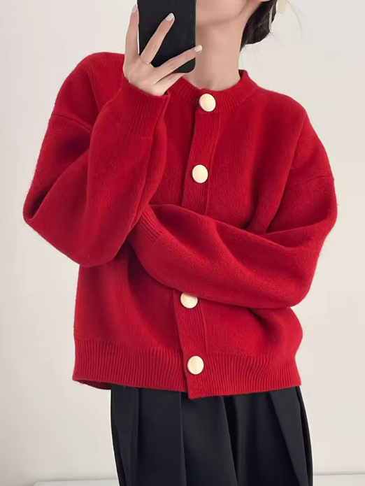 Red Button-Front Knit Cardigan