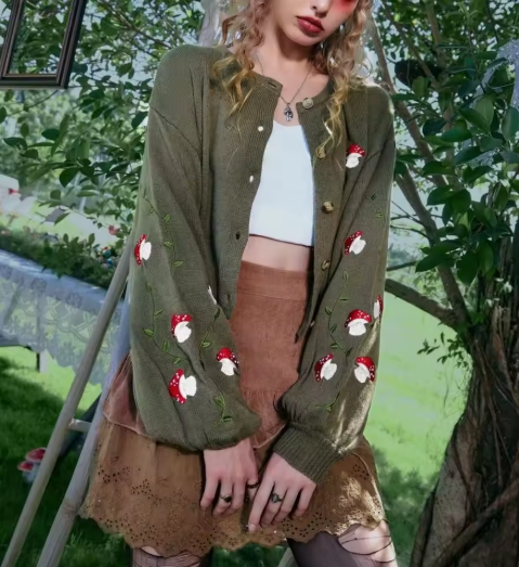Embroidered Mushroom Cardigan