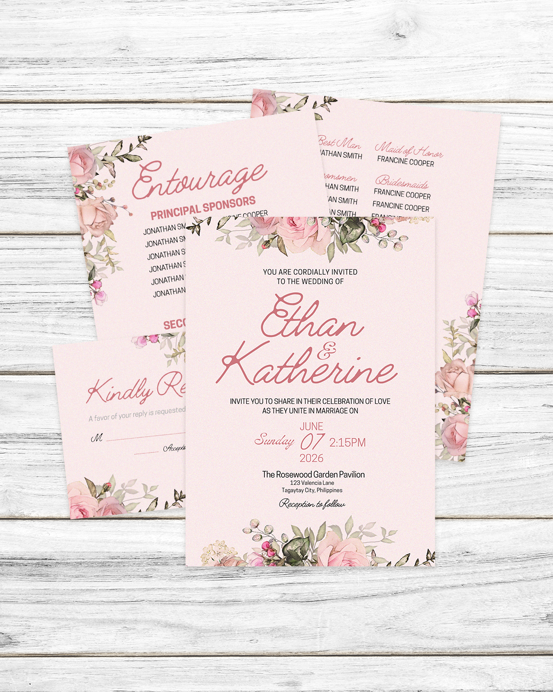Pink Floral Elegant Wedding Invitation Template Bundle