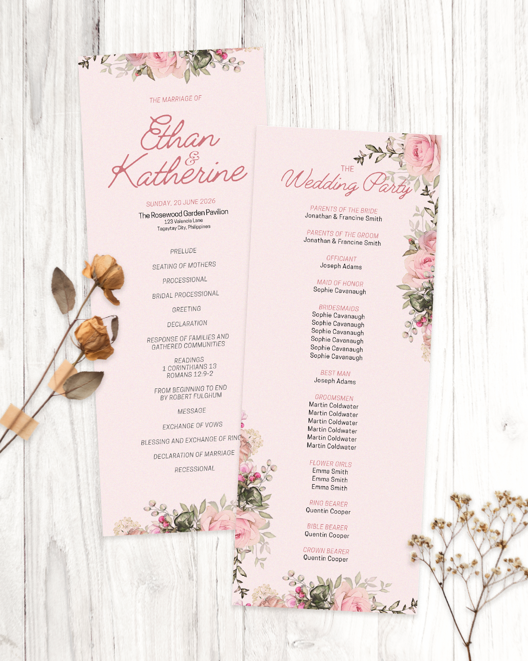 Pink Floral Elegant Wedding Program Template