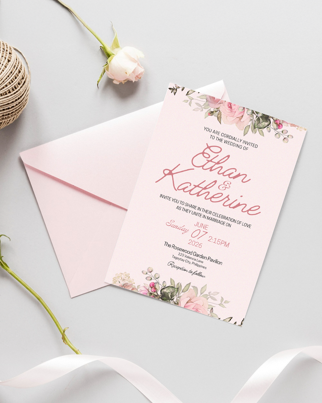 Pink Floral Elegant Wedding Invitation Template Bundle