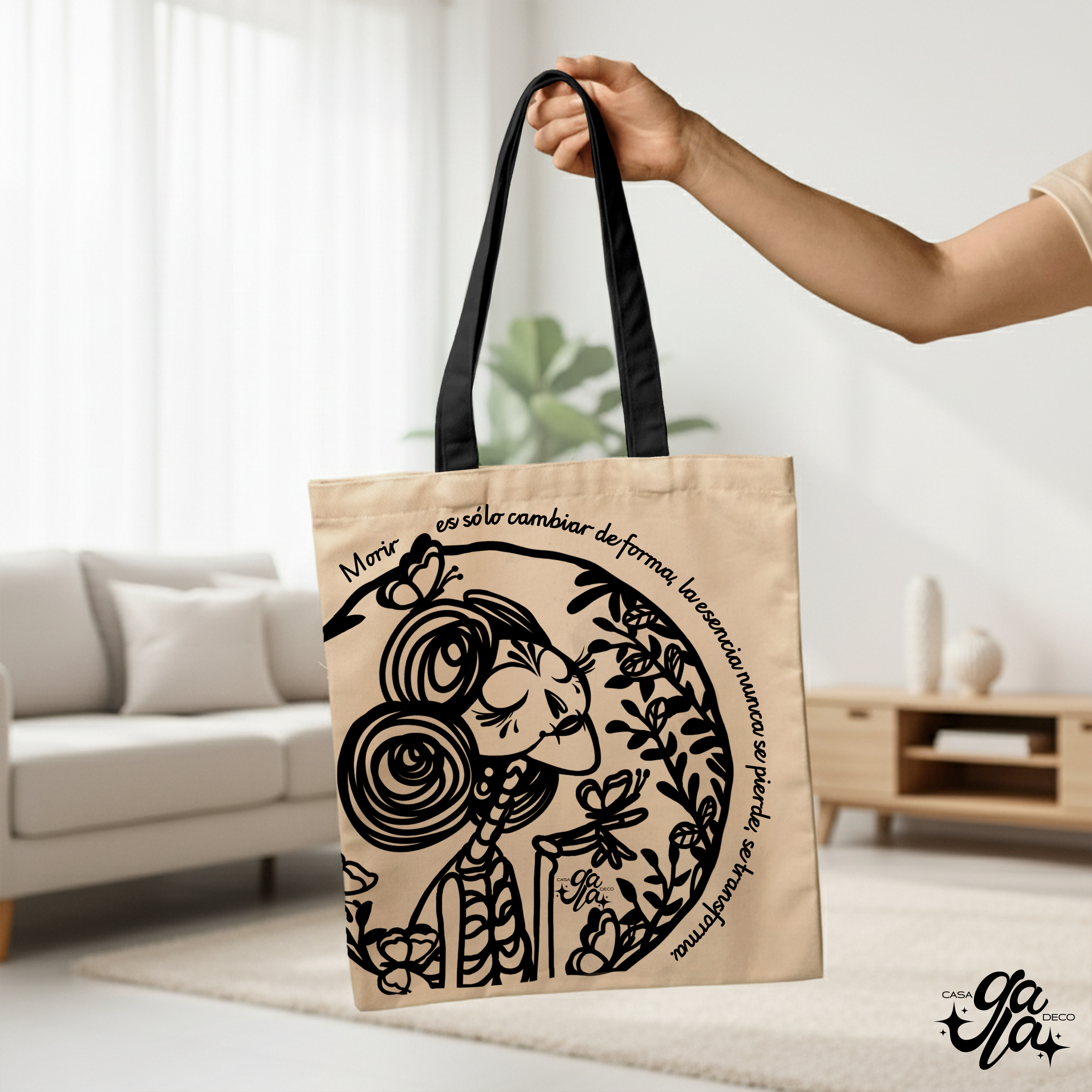 Bolsa de tela, asa Negra con ilustración