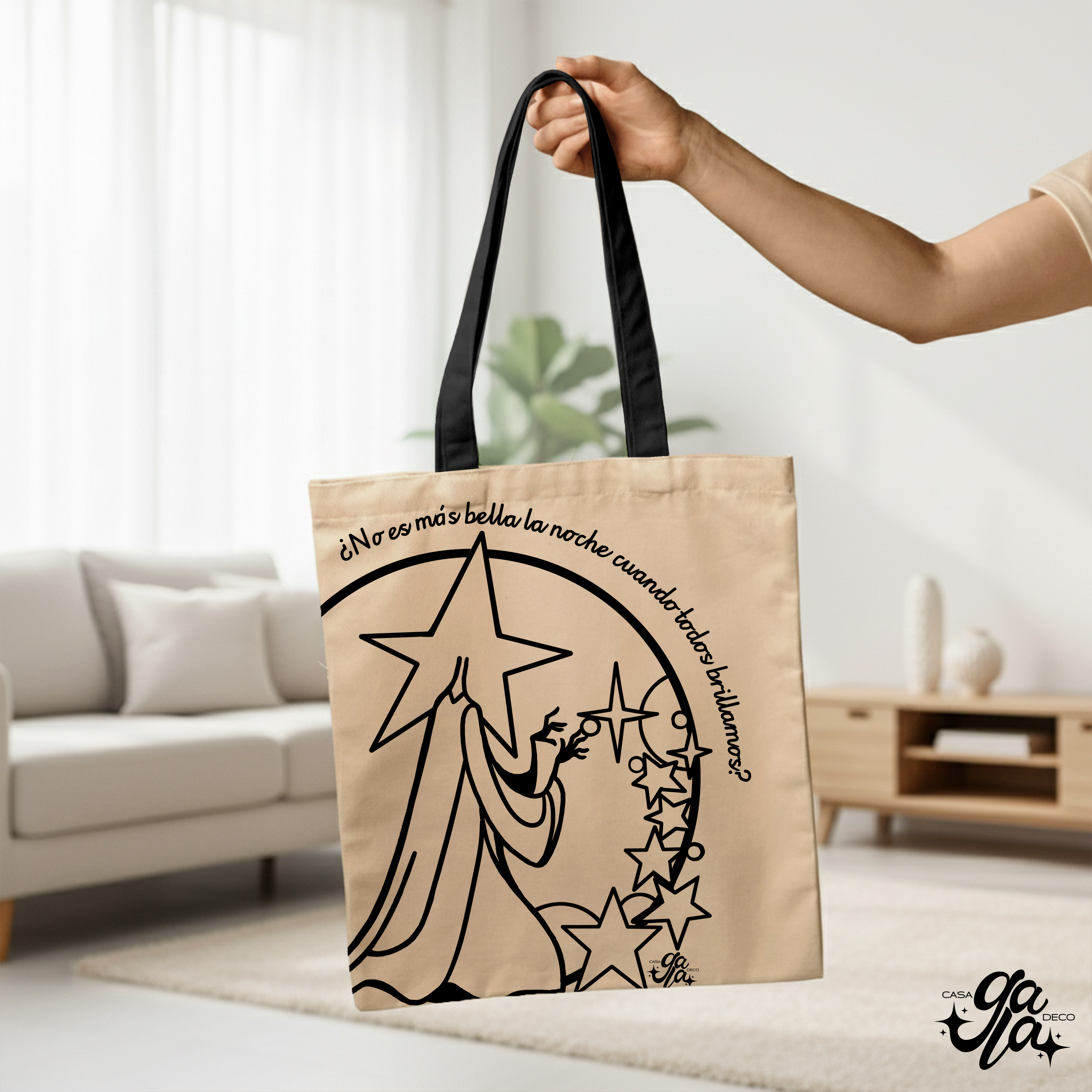 Bolsa de tela, asa Negra con ilustración