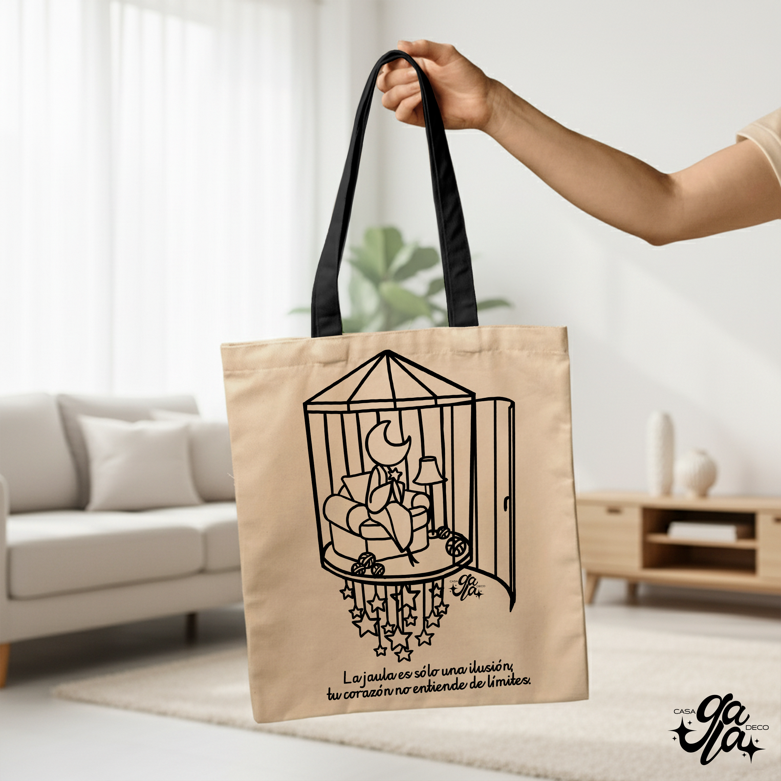 Bolsa de tela, asa Negra con ilustración