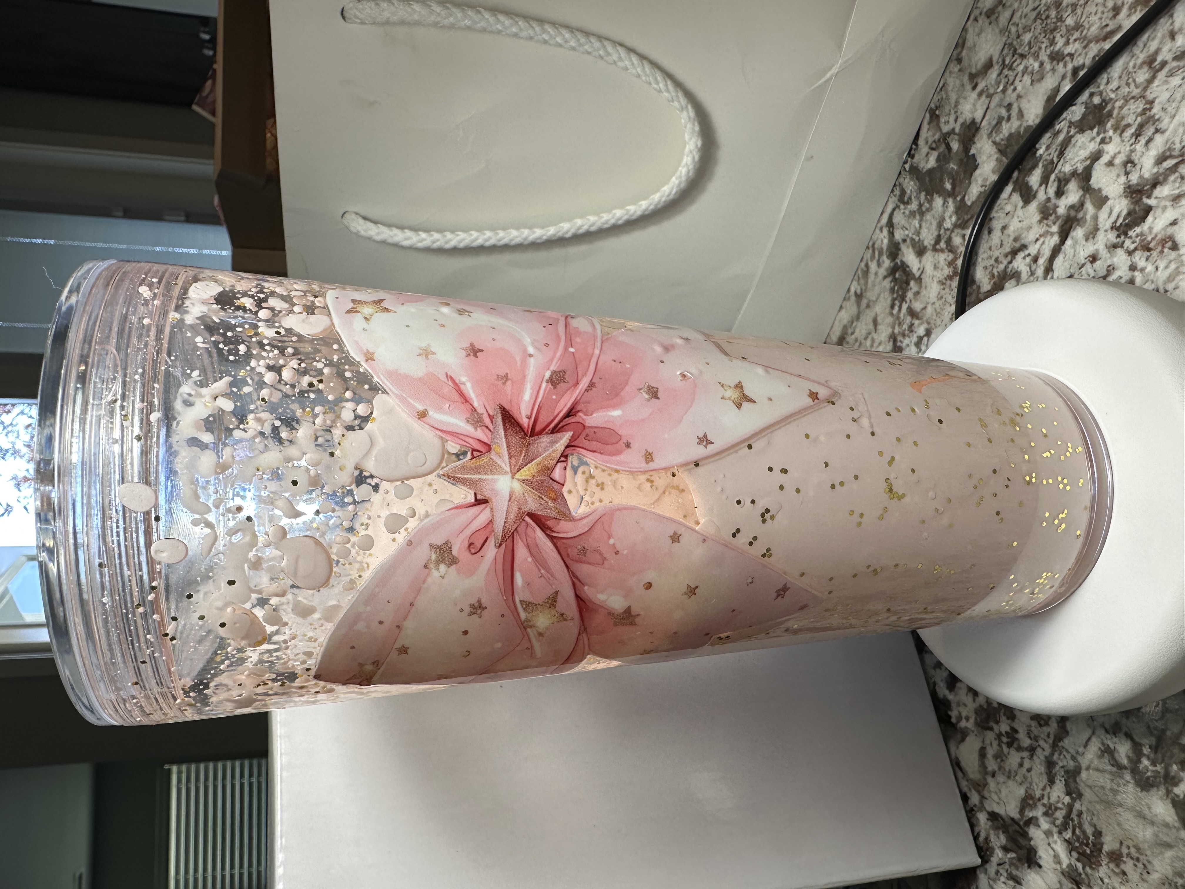 Vaso de 24 oz decorativo con purpurina y lazo rosa