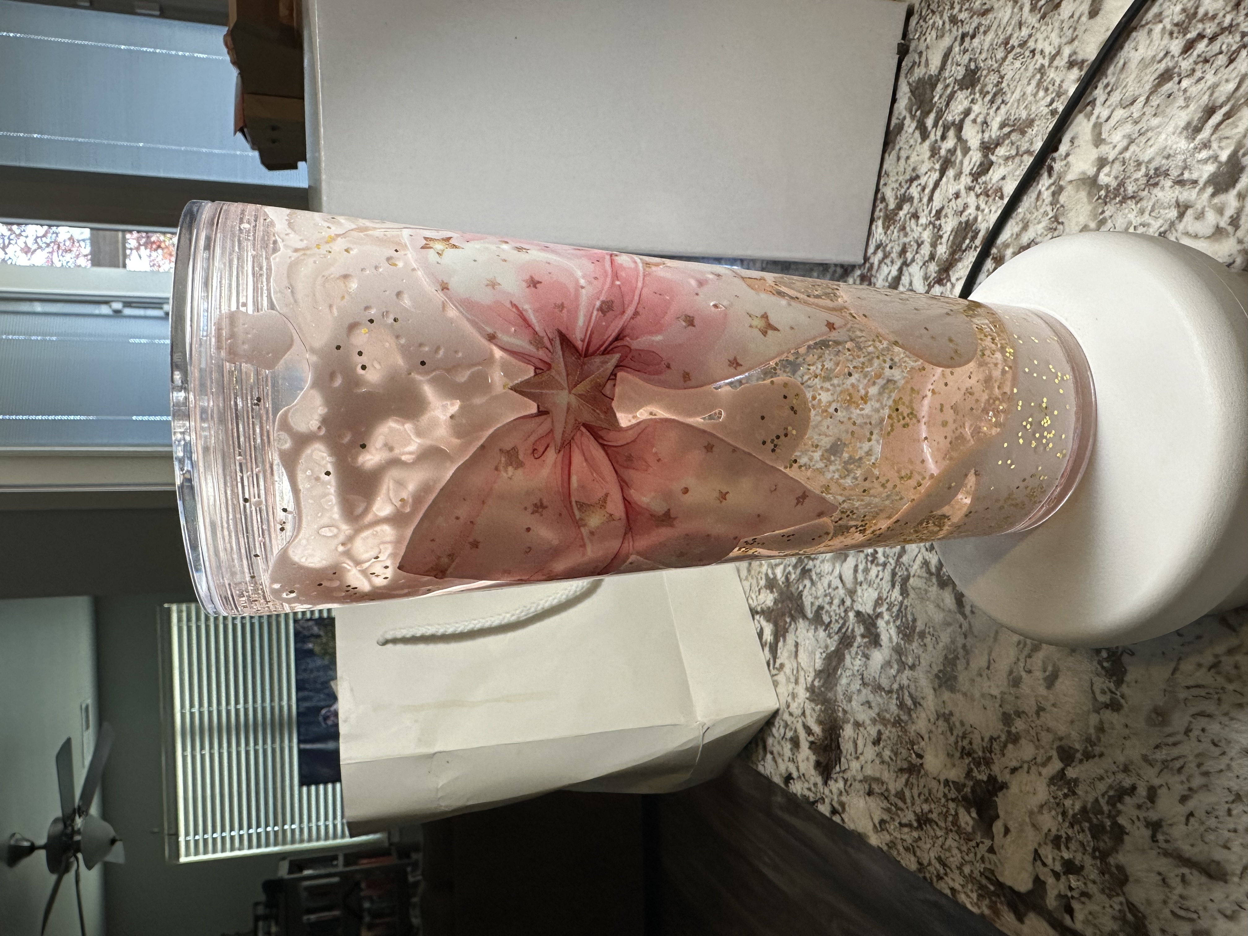 Vaso de 24 oz decorativo con purpurina y lazo rosa