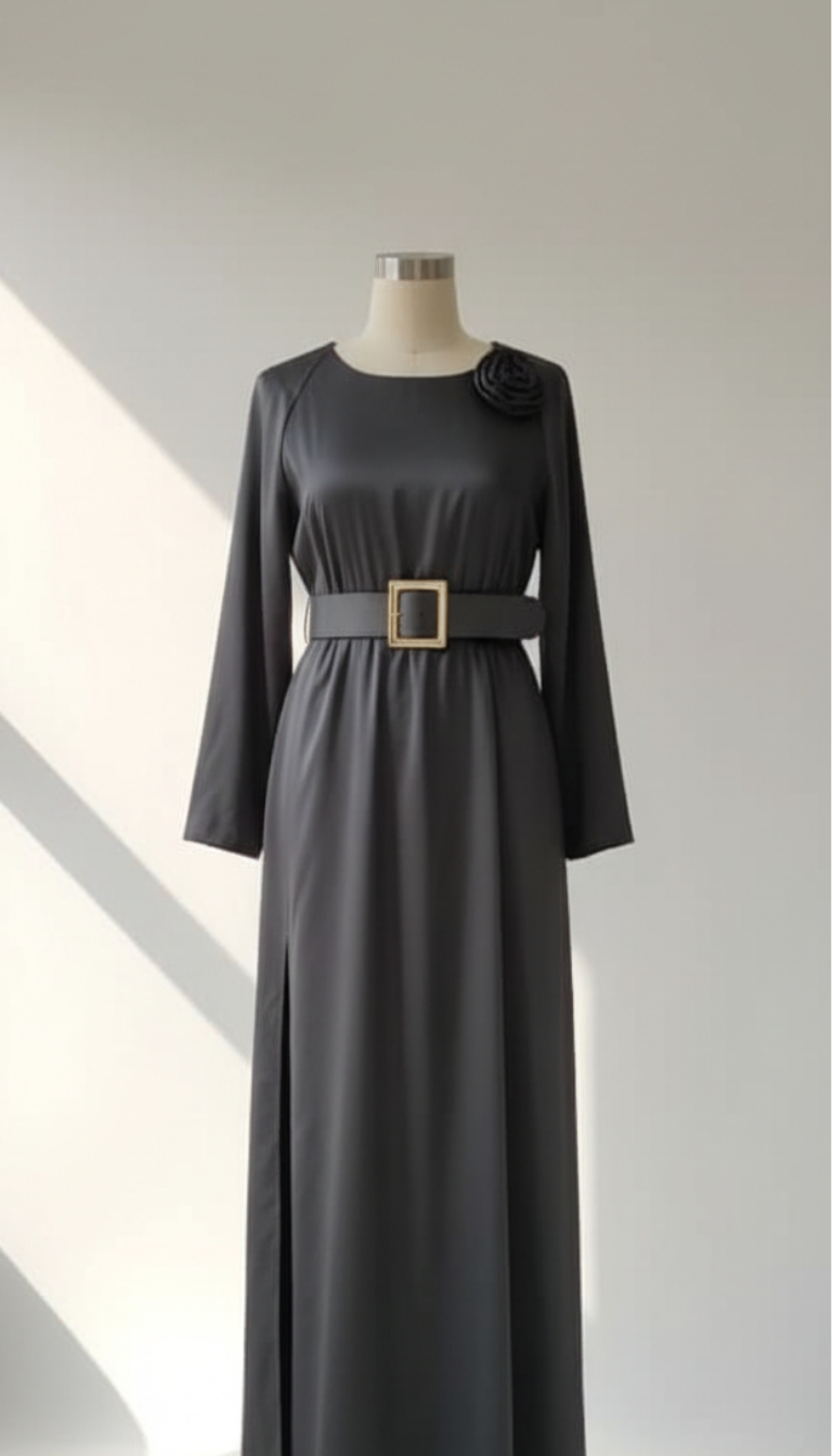 فستان الأسود الملكي مع وردة وحزام