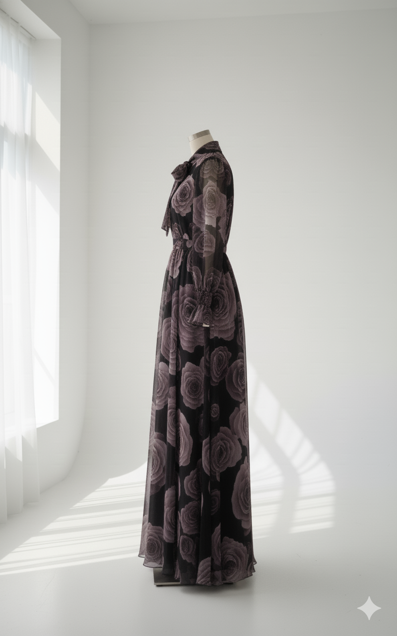 فستان بنقشة الورد الدراماتيكية