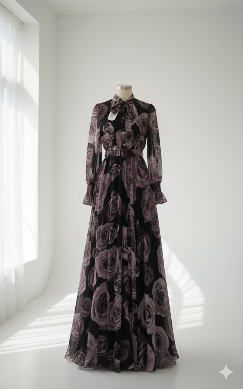 فستان بنقشة الورد الدراماتيكية