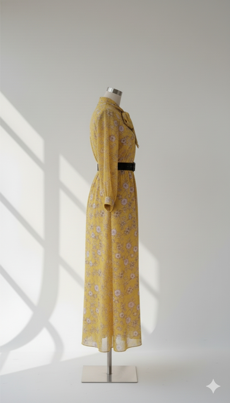 فستان بياقة مربوطة وحزام 