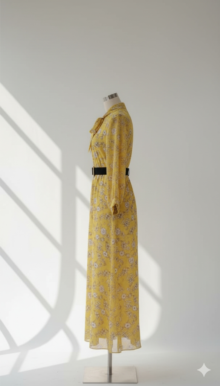 فستان بياقة مربوطة وحزام 