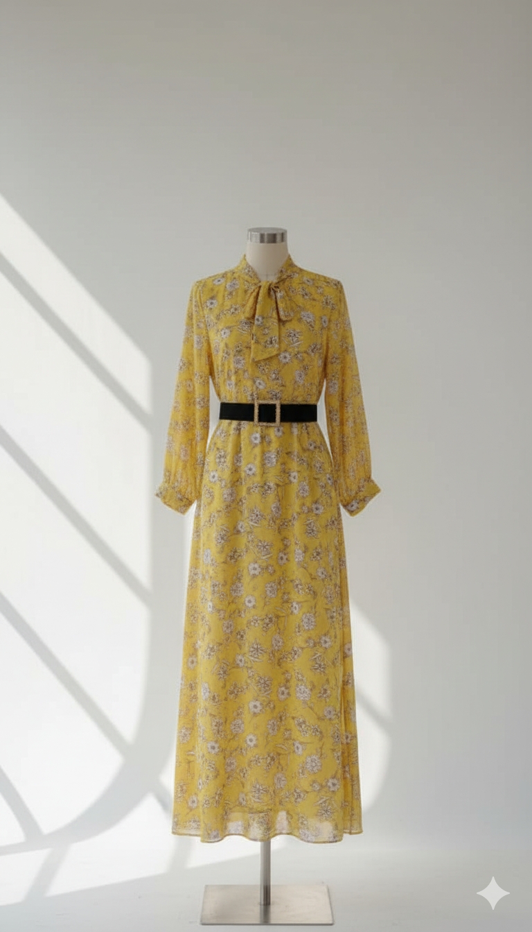 فستان بياقة مربوطة وحزام 