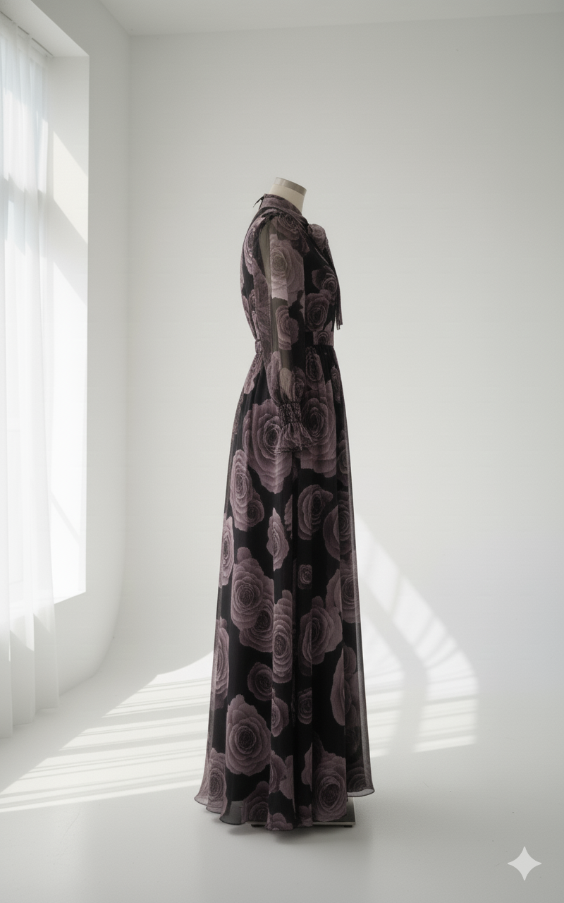 فستان بنقشة الورد الدراماتيكية