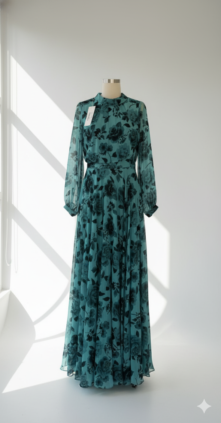 فستان بنقشة الورد الدراماتيكية