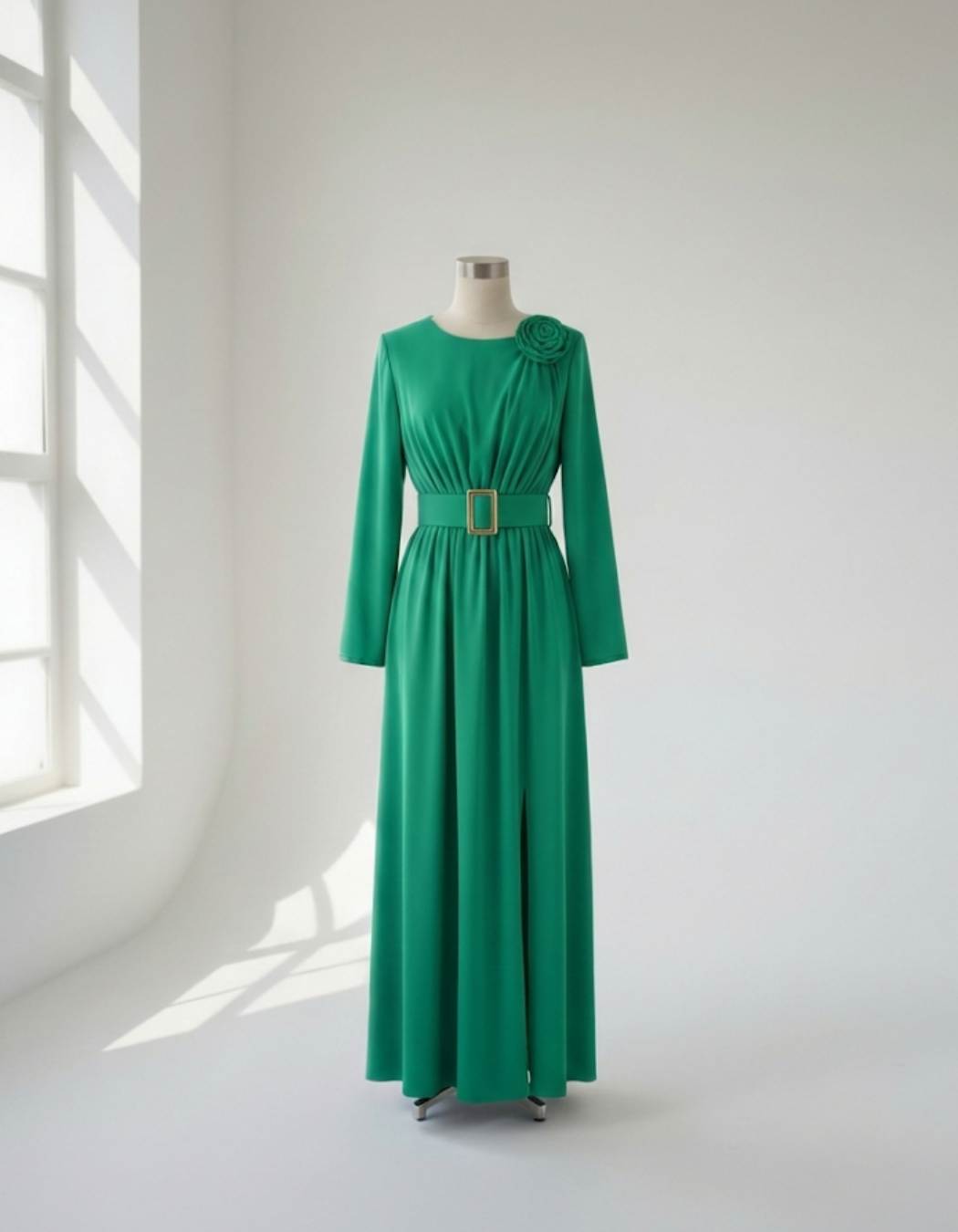 Bel Detaylı ve Gül Süslemeli Zarif Elbise