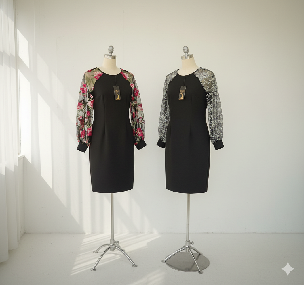 فستان الأسود الأنيق بأكمام التول المطرزة