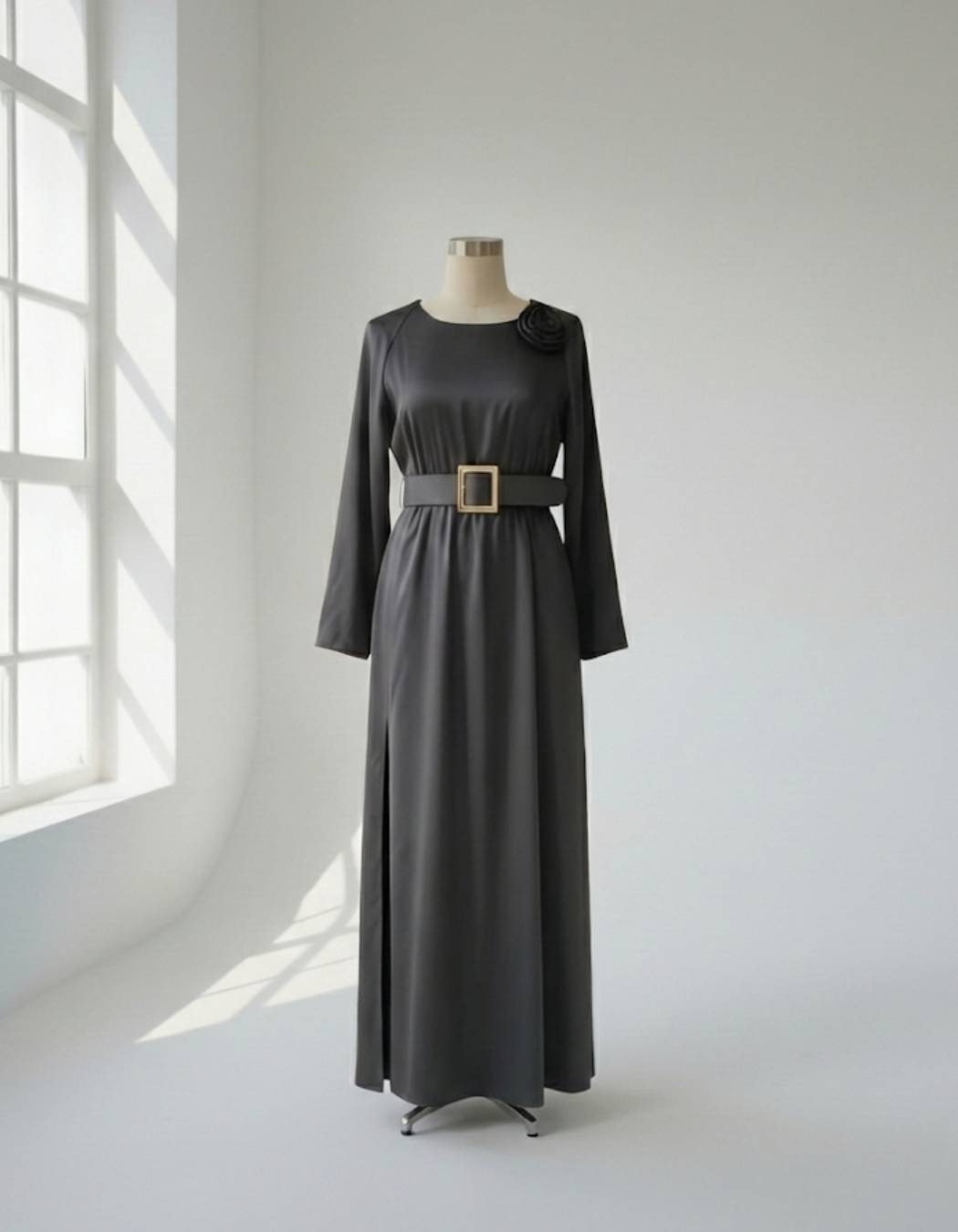 Gül ve Kemer Detaylı Asil Siyah Elbise