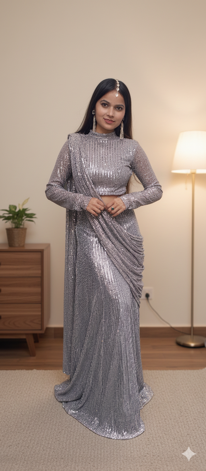 Silver Sequin Saree Gown