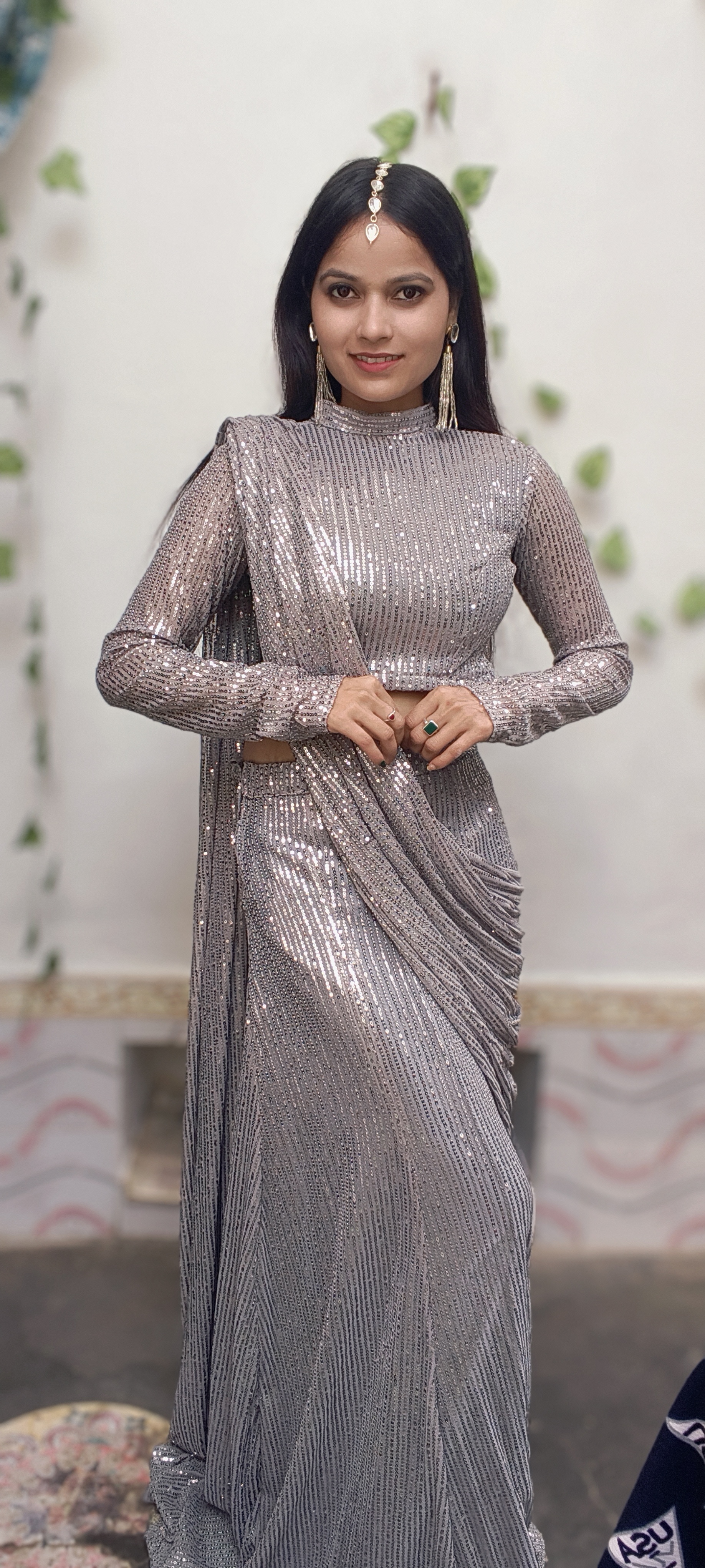 Silver Sequin Saree Gown