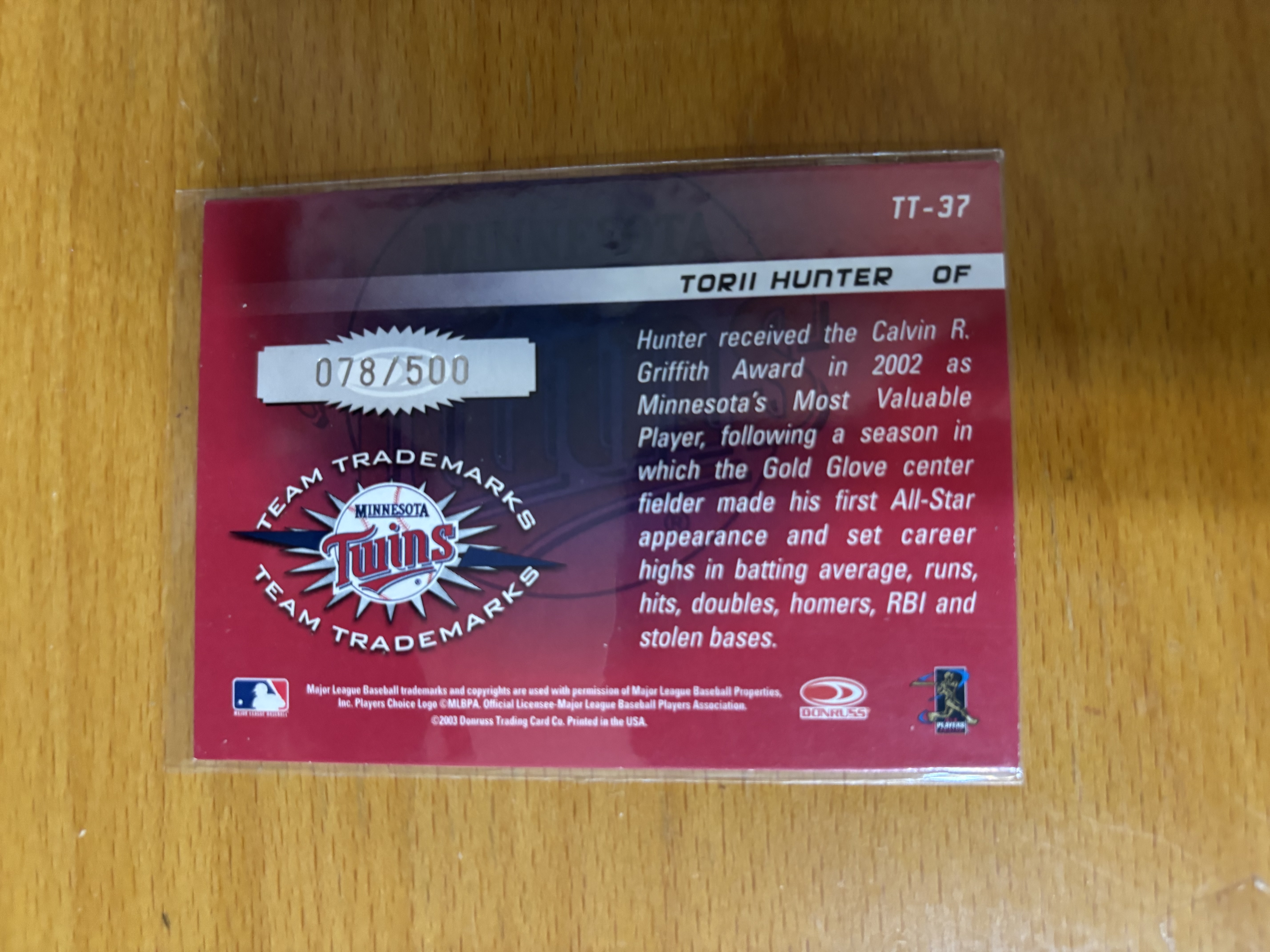 Torii Hunter Minnesota Twins Limited Edition Baseball Card
