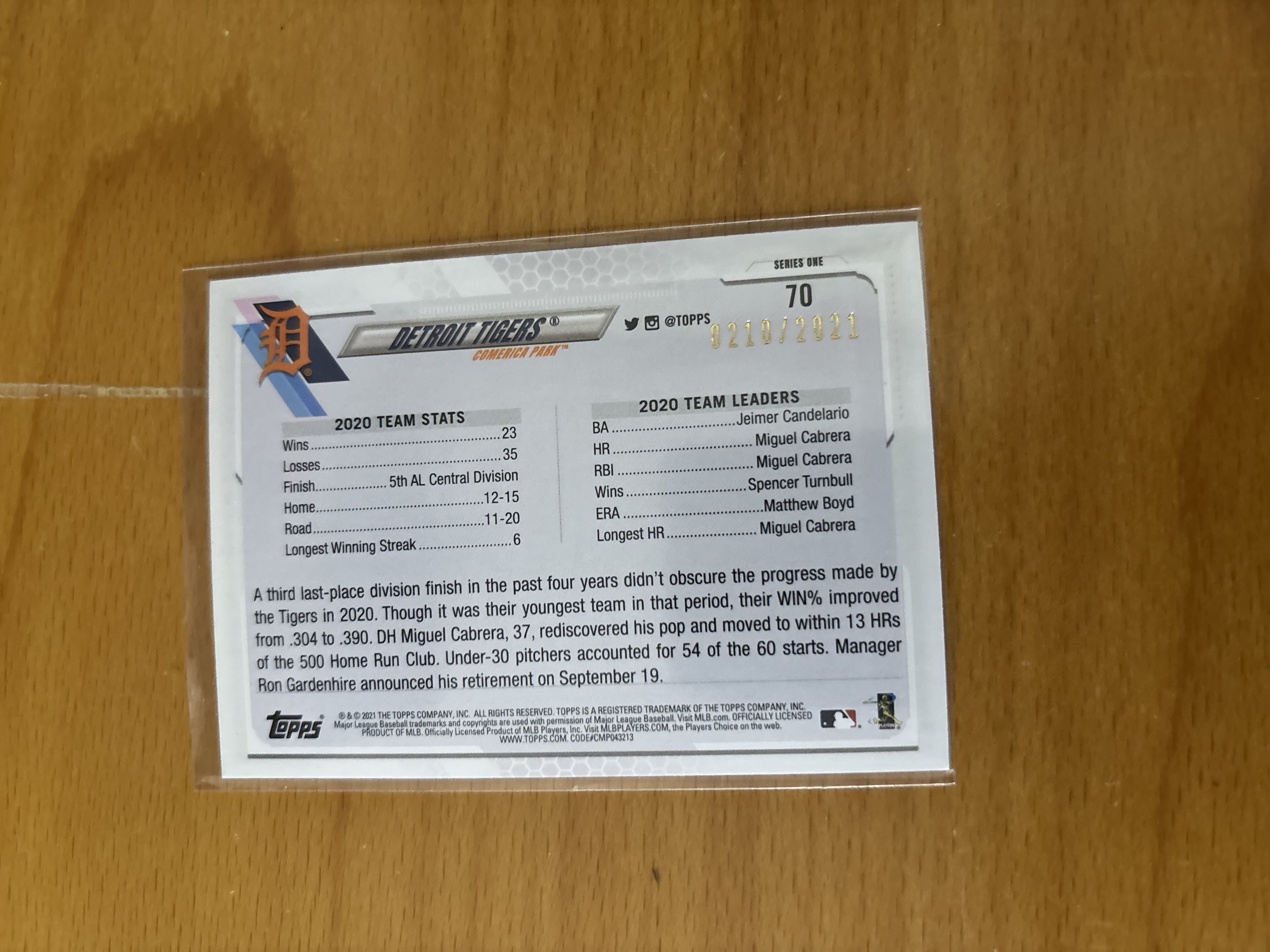 Detroit Tigers 2020 Topps Baseball Card